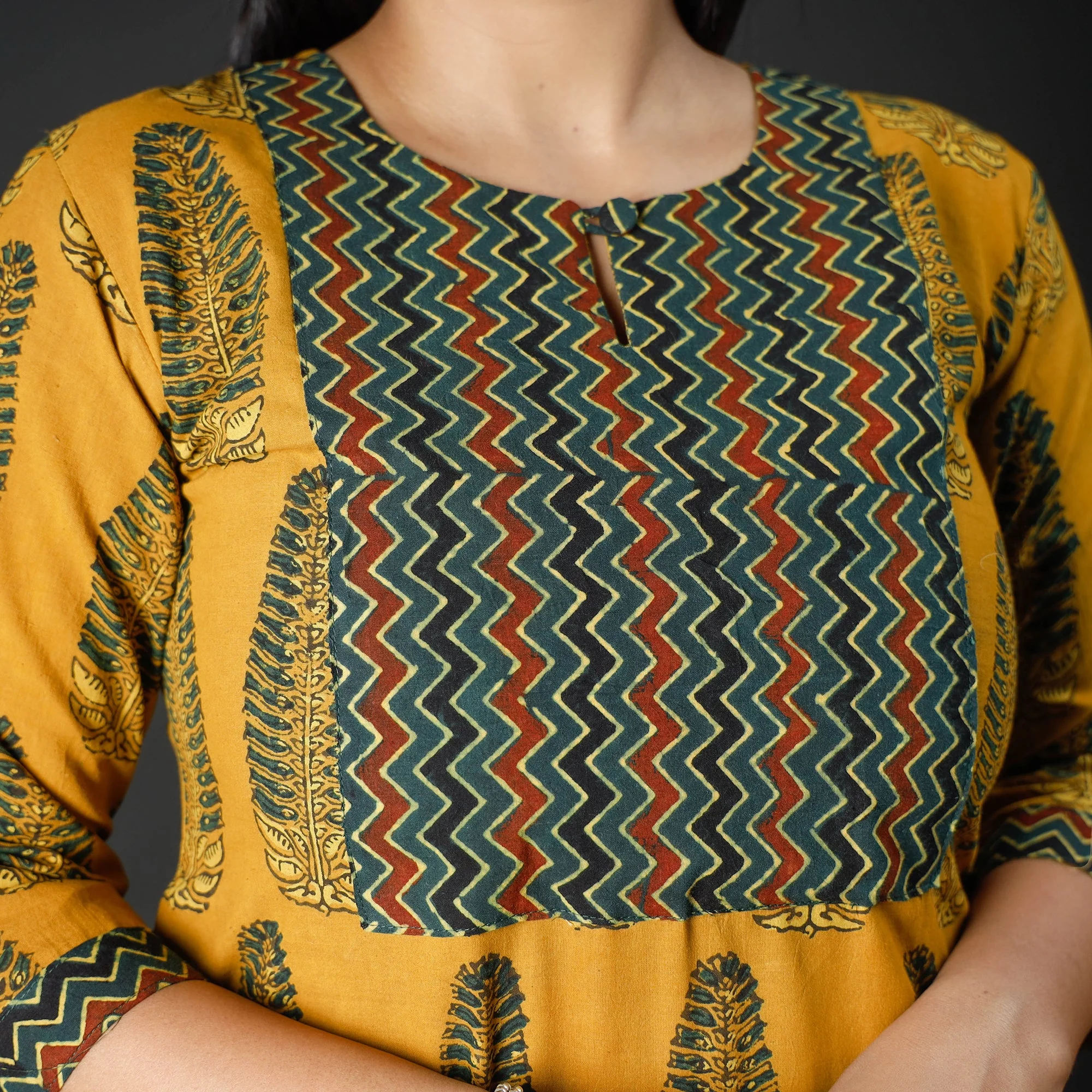 Yellow - Ajrakh Block Printed Cotton Straight Kurta 04 - Image 4