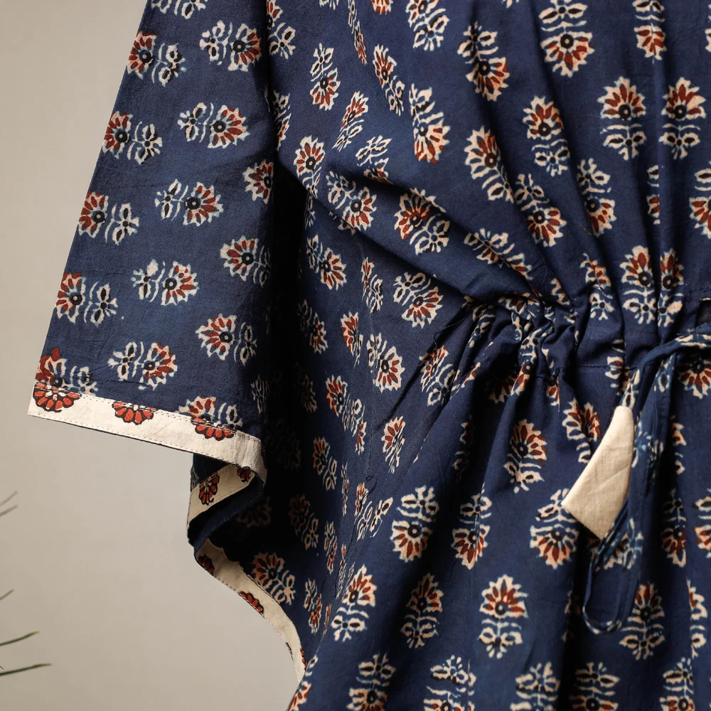 Blue - Ajrakh Hand Block Printed Cotton Kaftan with Tie-Up Waist (Short) - Image 2