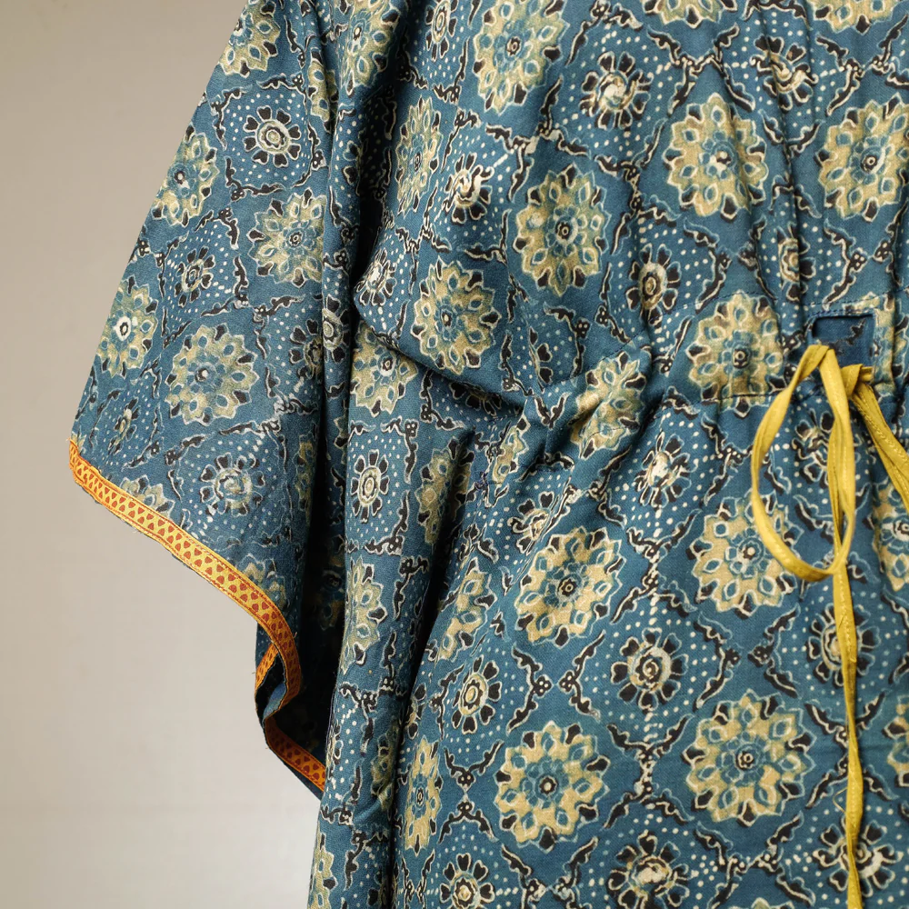 Green - Ajrakh Hand Block Printed Cotton Kaftan with Tie-Up Waist (Long) - Image 2