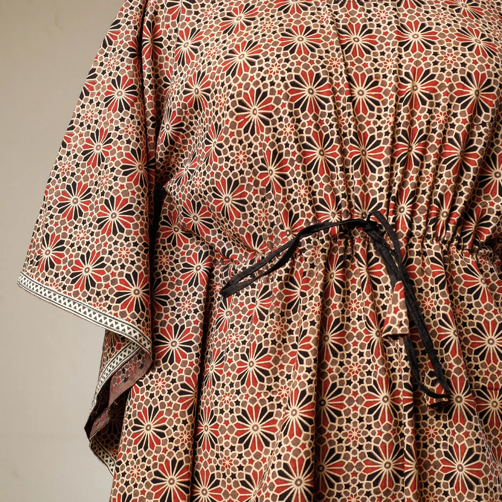 Brown - Ajrakh Hand Block Printed Cotton Kaftan with Tie-Up Waist (Long) - Image 2