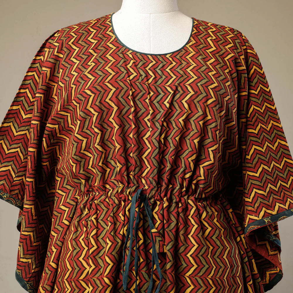 Multicolor - Ajrakh Hand Block Printed Cotton Kaftan with Tie-Up Waist (Long) - Image 3