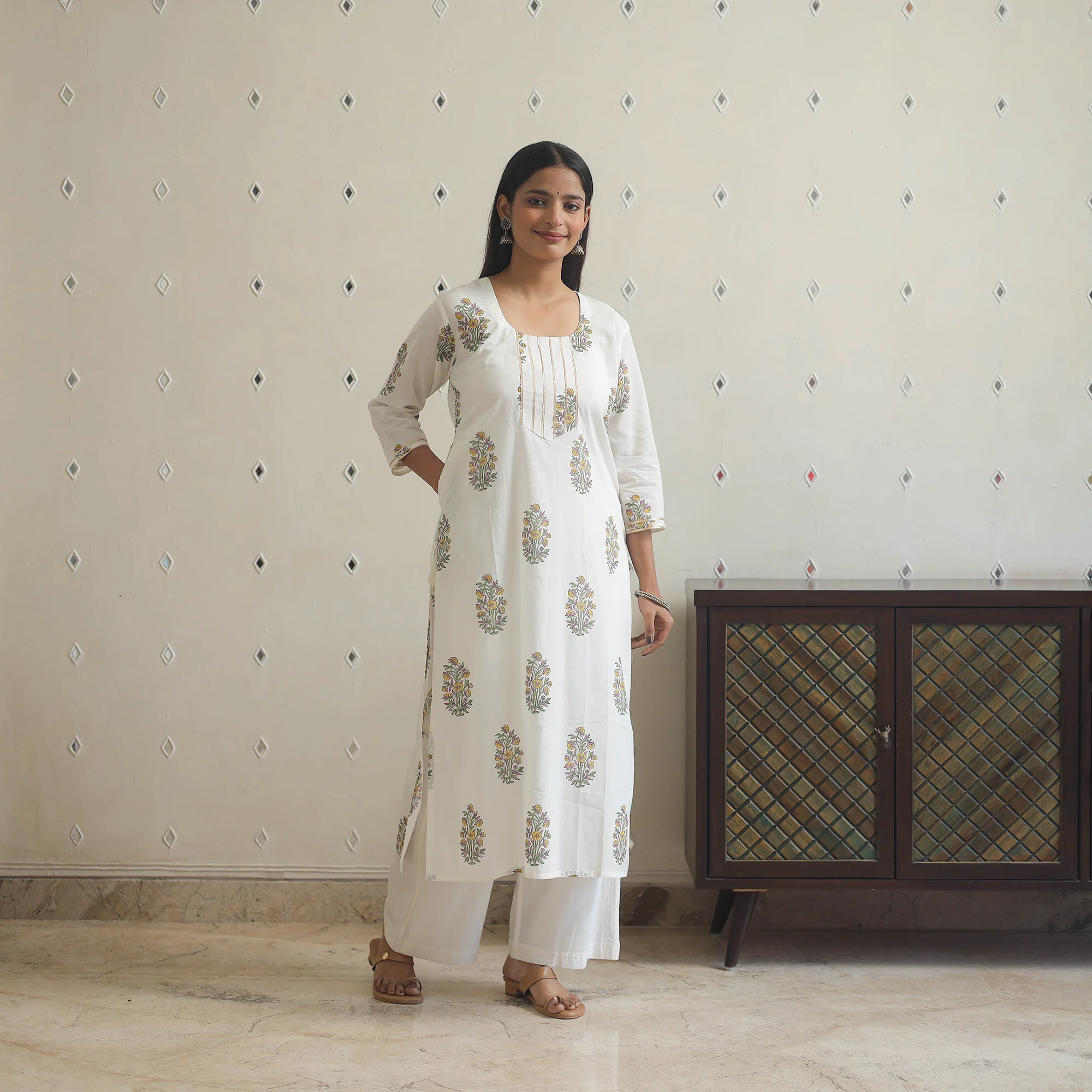 White - Block Print Cotton Straight Sanganeri Kurta 04 - Image 2