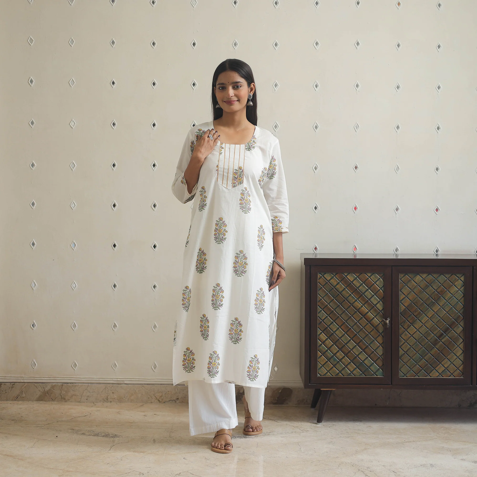 White - Block Print Cotton Straight Sanganeri Kurta 04 - Image 3