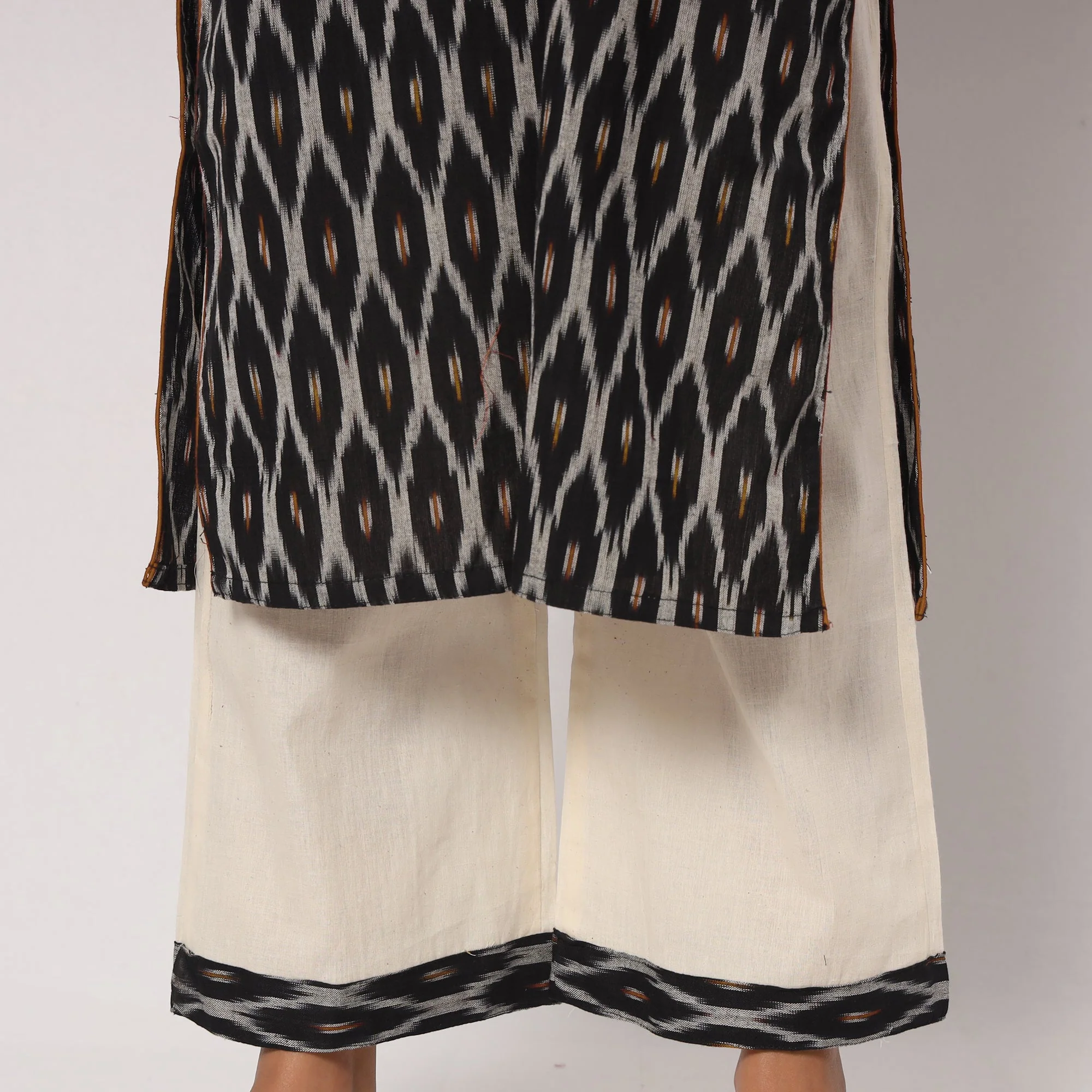 Black - Pochampally Ikat Weave Cotton Kurta with Palazzo & Dupatta Set - Image 5