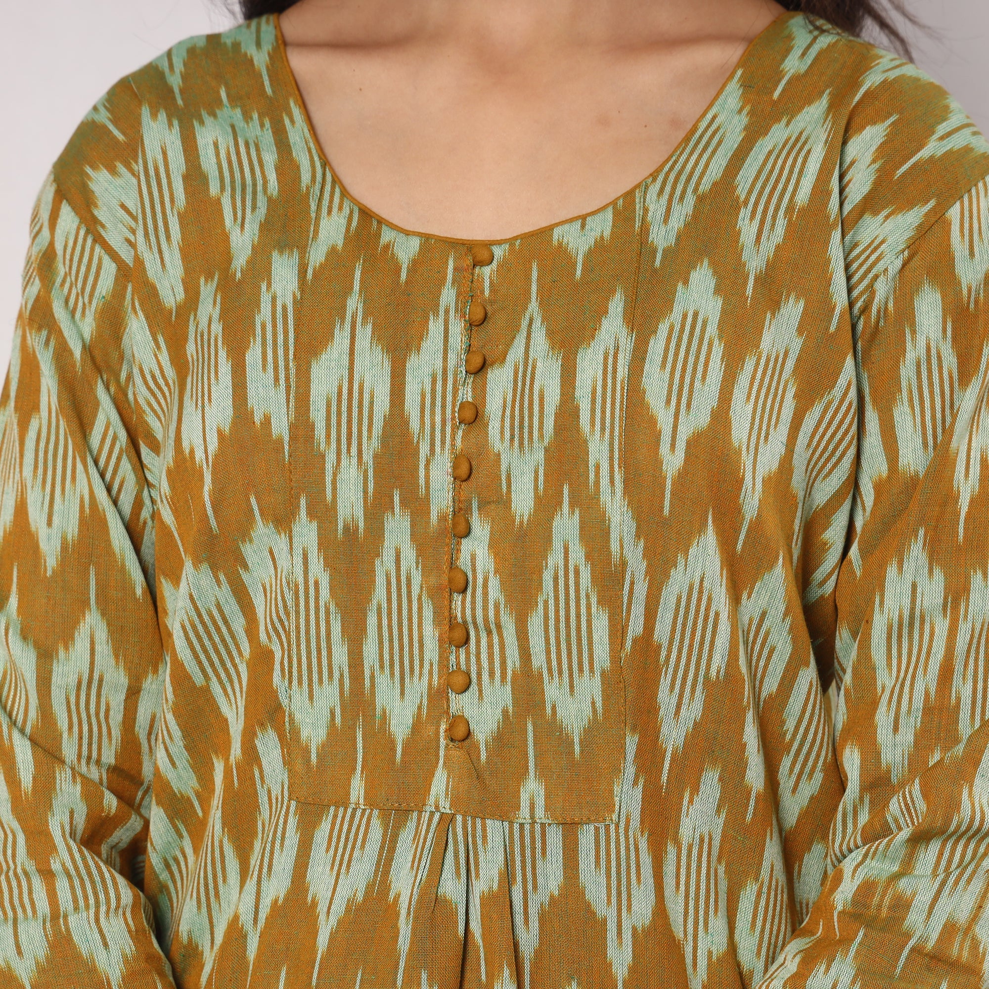 Brown - Pochampally Ikat Cotton Kurta with Palazzo & Dupatta Set - Image 5