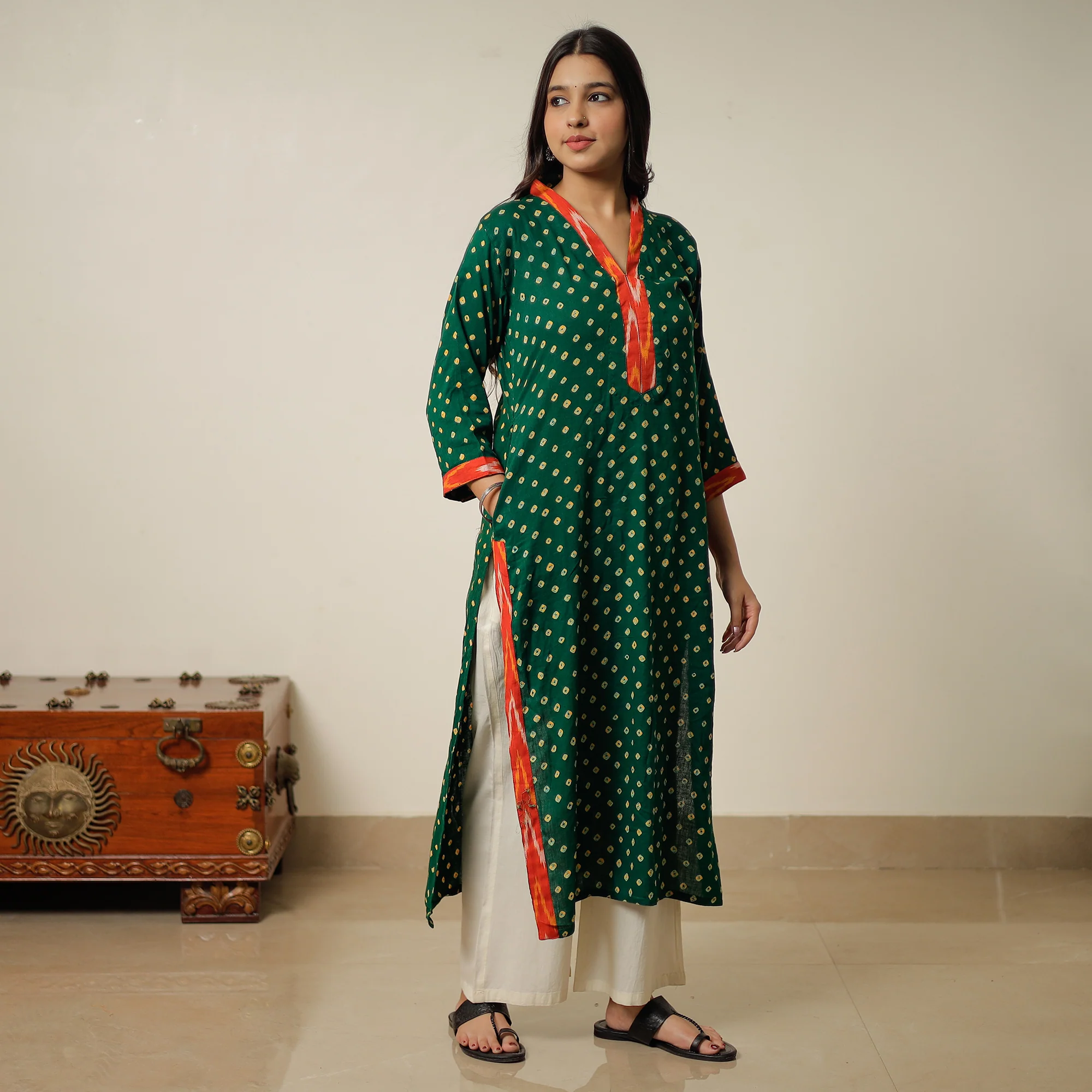 Green - Bandhani Tie-dye Cotton Long Straight Kurta 07 - Image 2