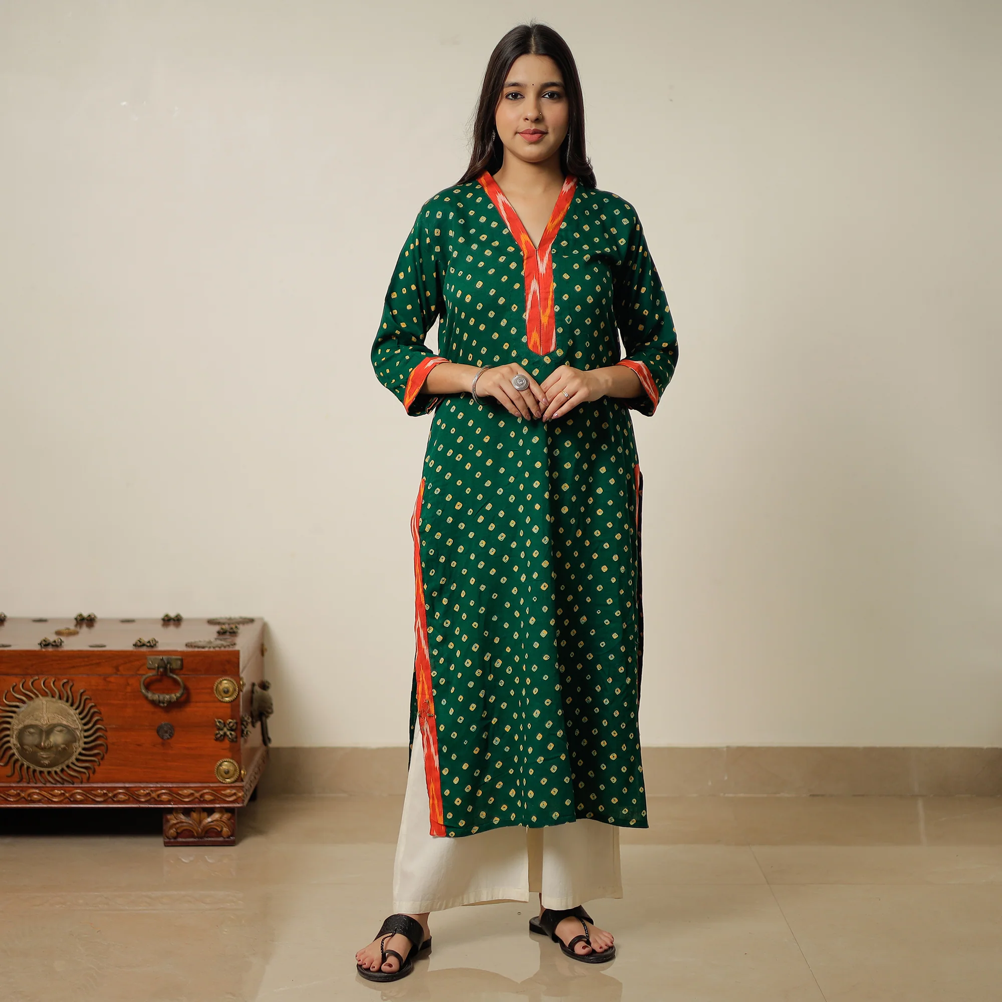 Green - Bandhani Tie-dye Cotton Long Straight Kurta 07 - Image 3