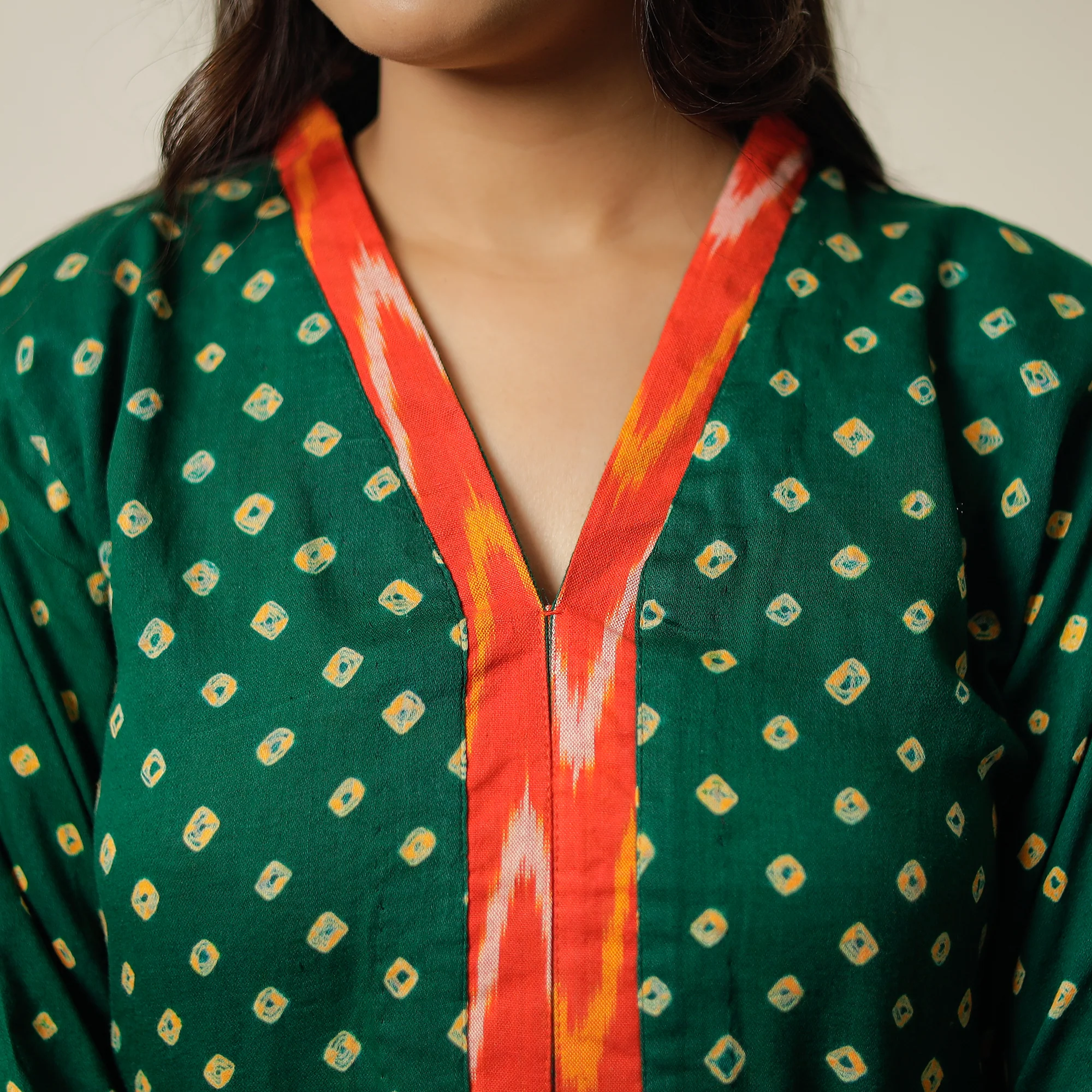 Green - Bandhani Tie-dye Cotton Long Straight Kurta 07 - Image 5