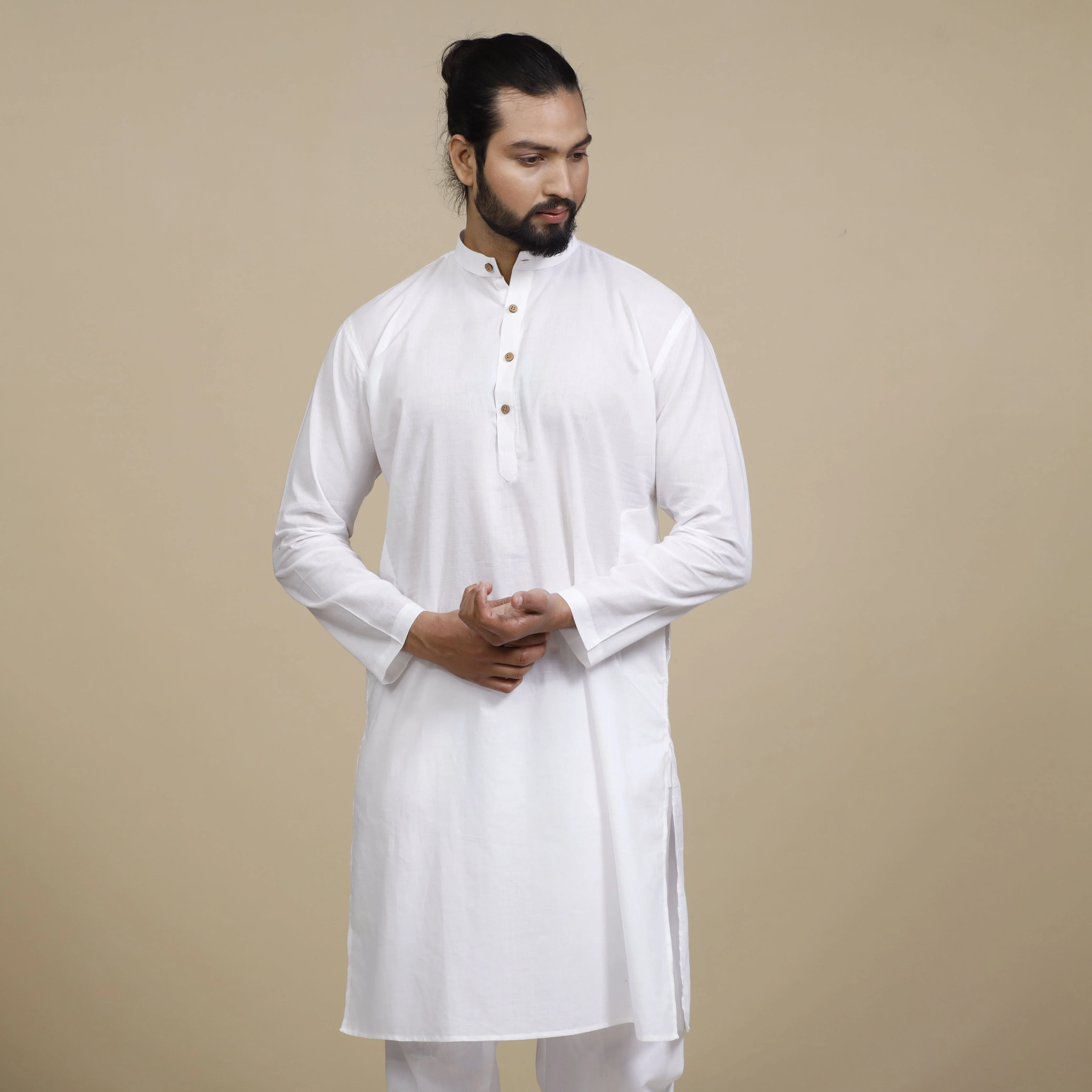 White Plain Cotton Men Long Kurta - Image 3