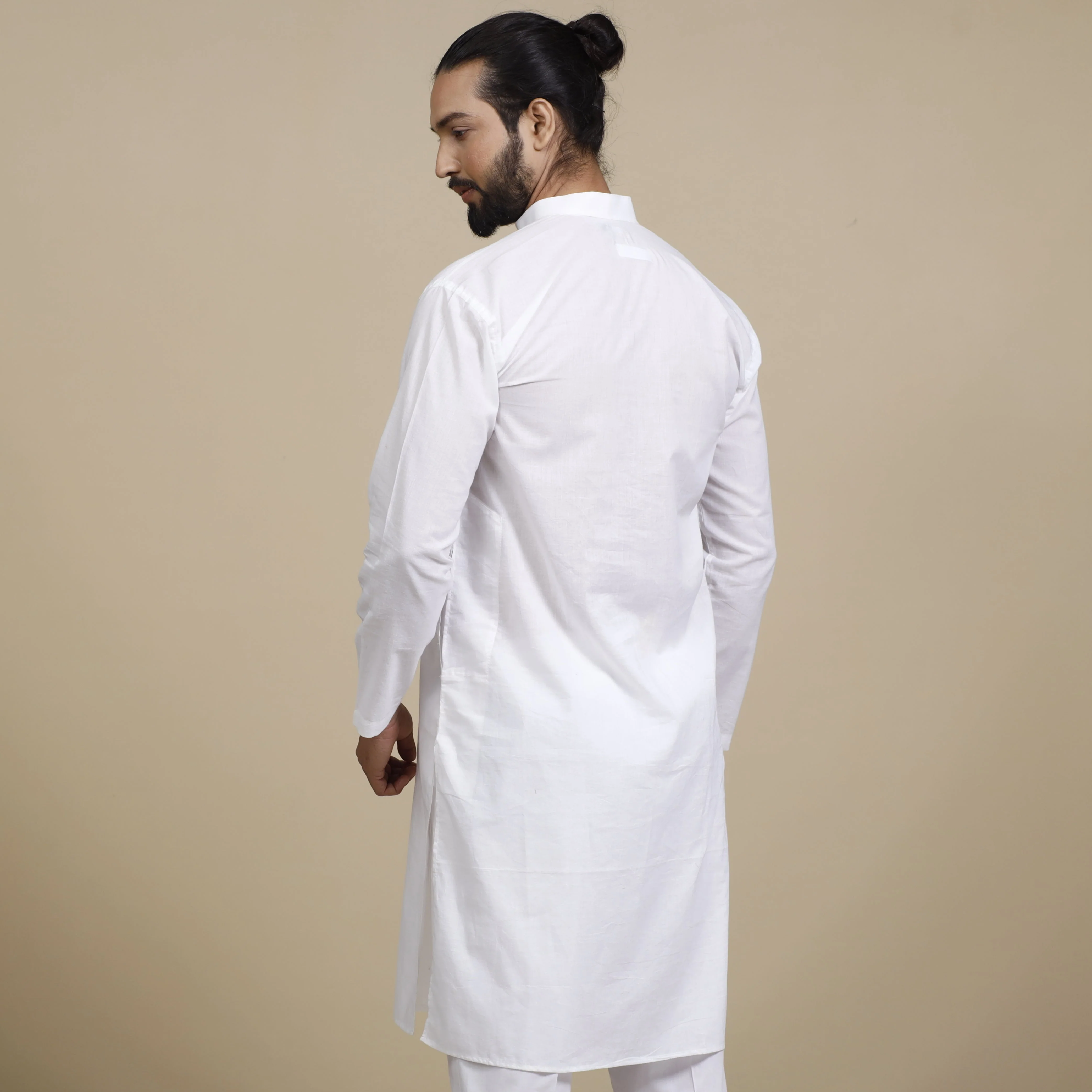 White Plain Cotton Men Long Kurta - Image 6