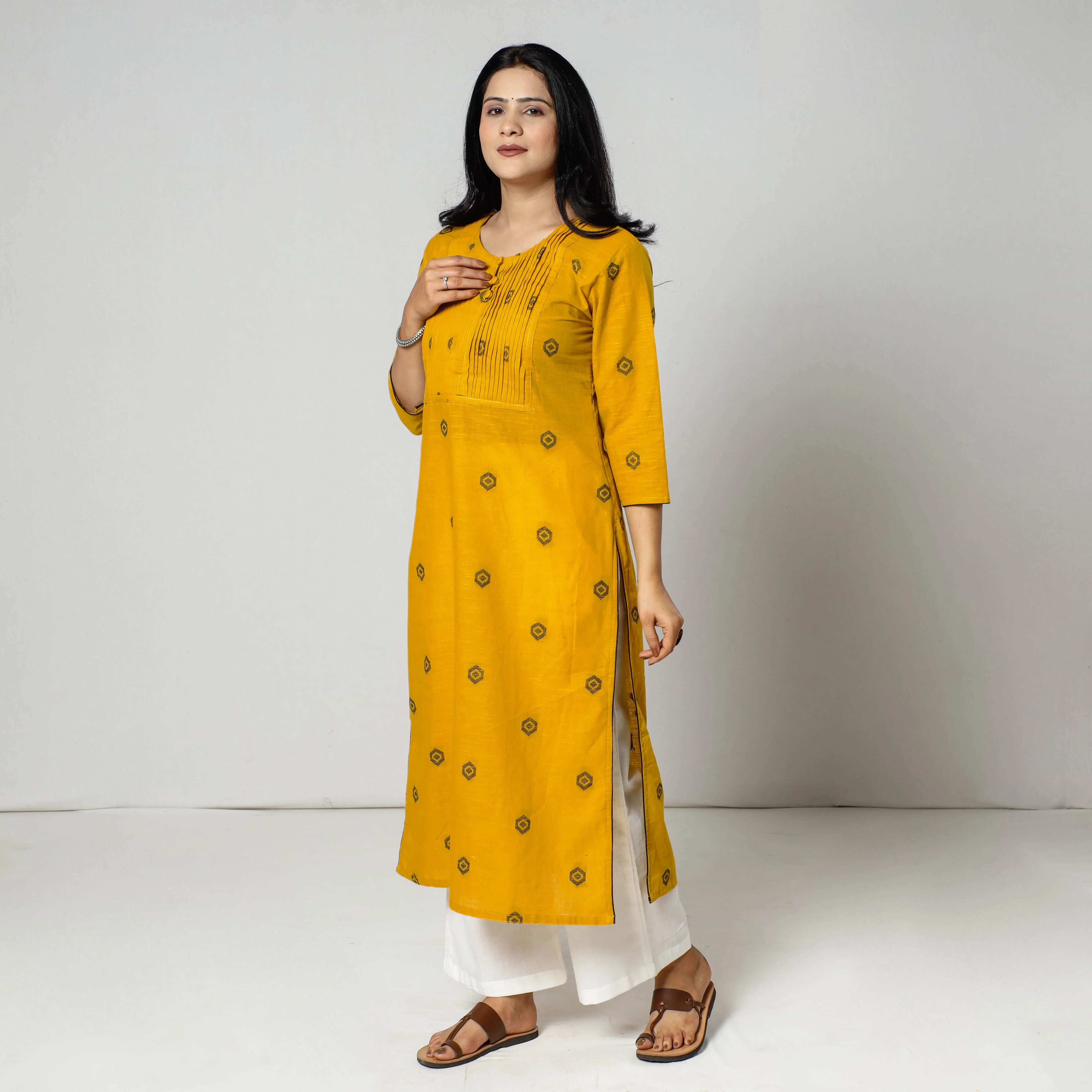 Yellow - Jacquard Cotton Pintuck Long Straight Kurta - Image 3