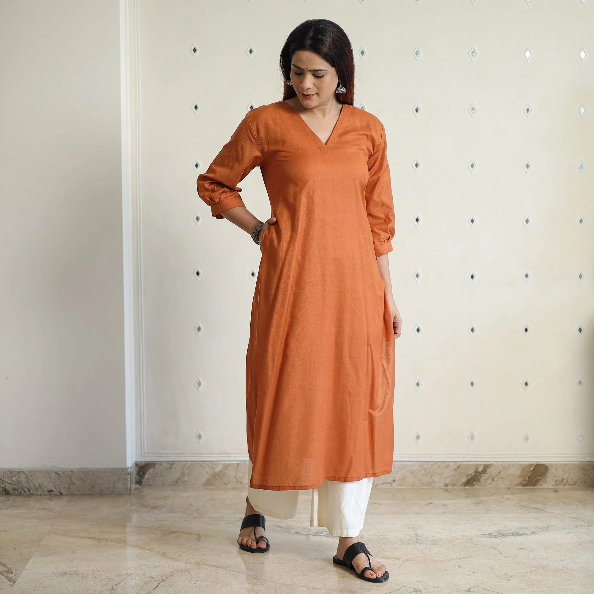 Orange - Linen Viscose Plain Long Straight Kurta 15 - Image 2