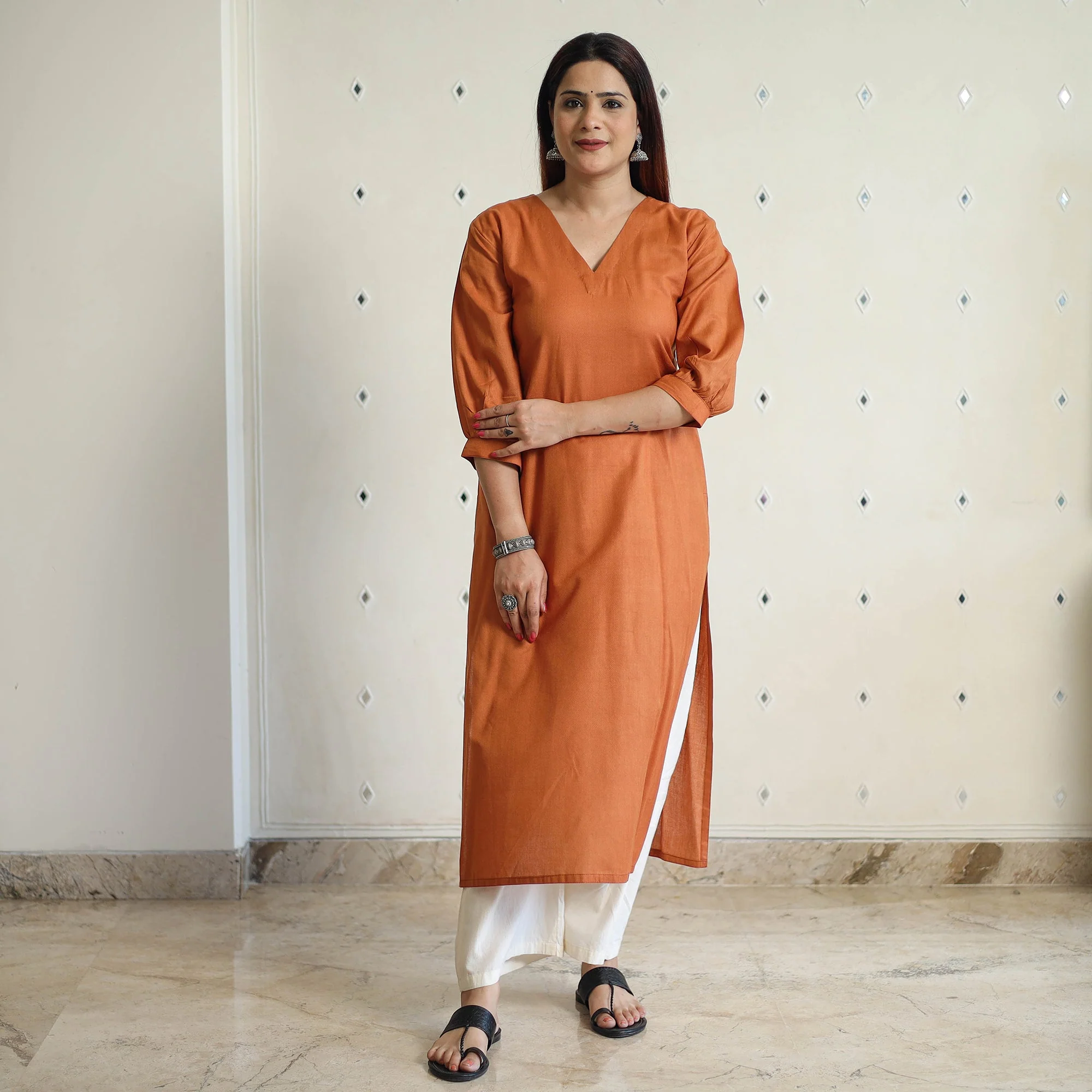 Orange - Linen Viscose Plain Long Straight Kurta 15 - Image 5