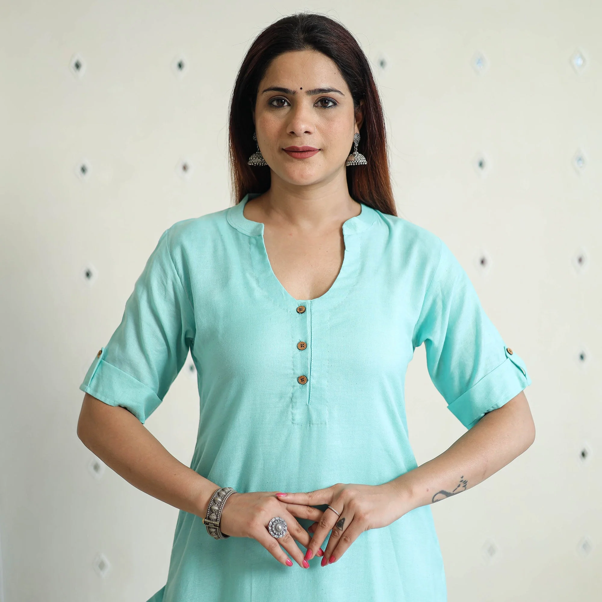 Green - Linen Viscose Plain Long Straight Kurta 47