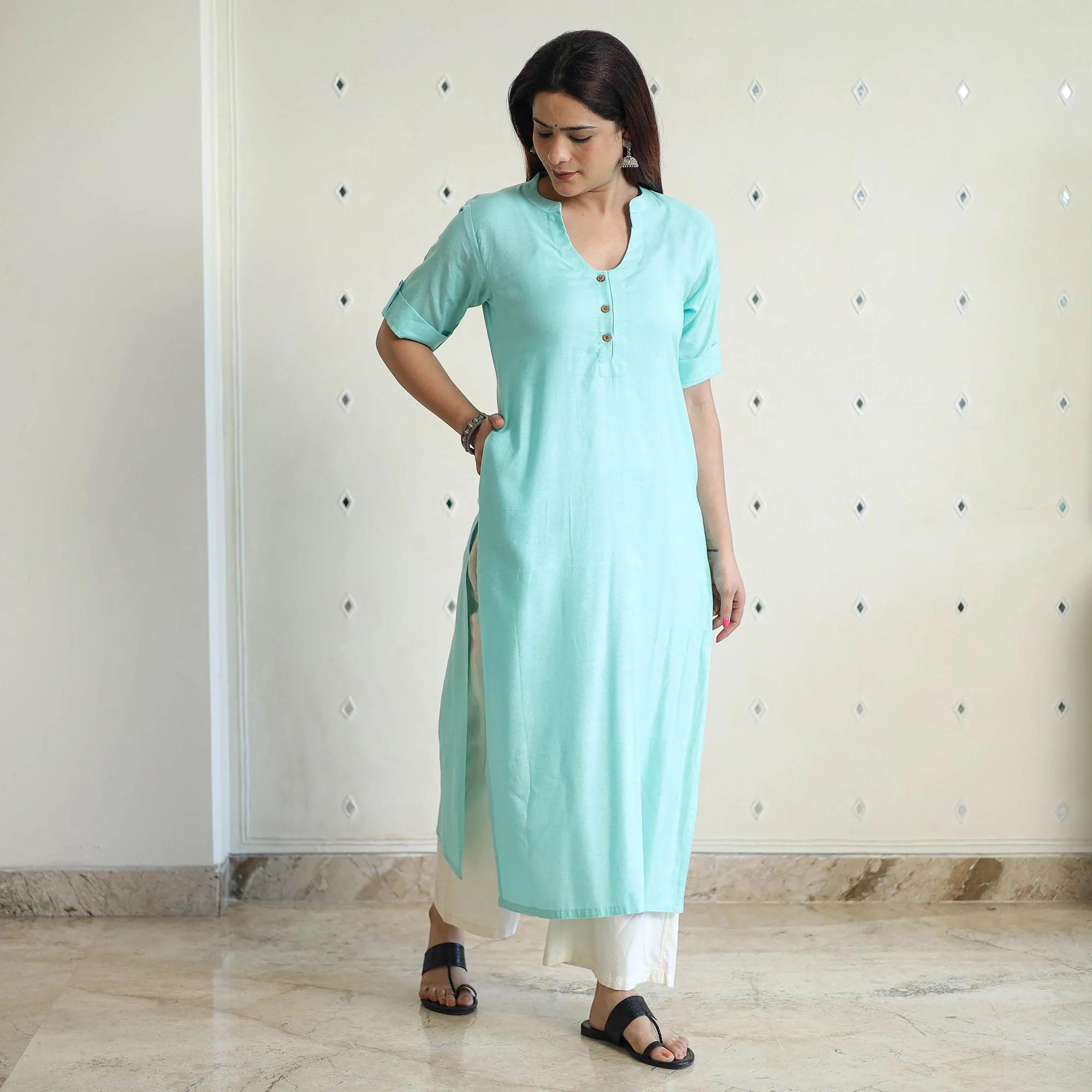 Green - Linen Viscose Plain Long Straight Kurta 47 - Image 2