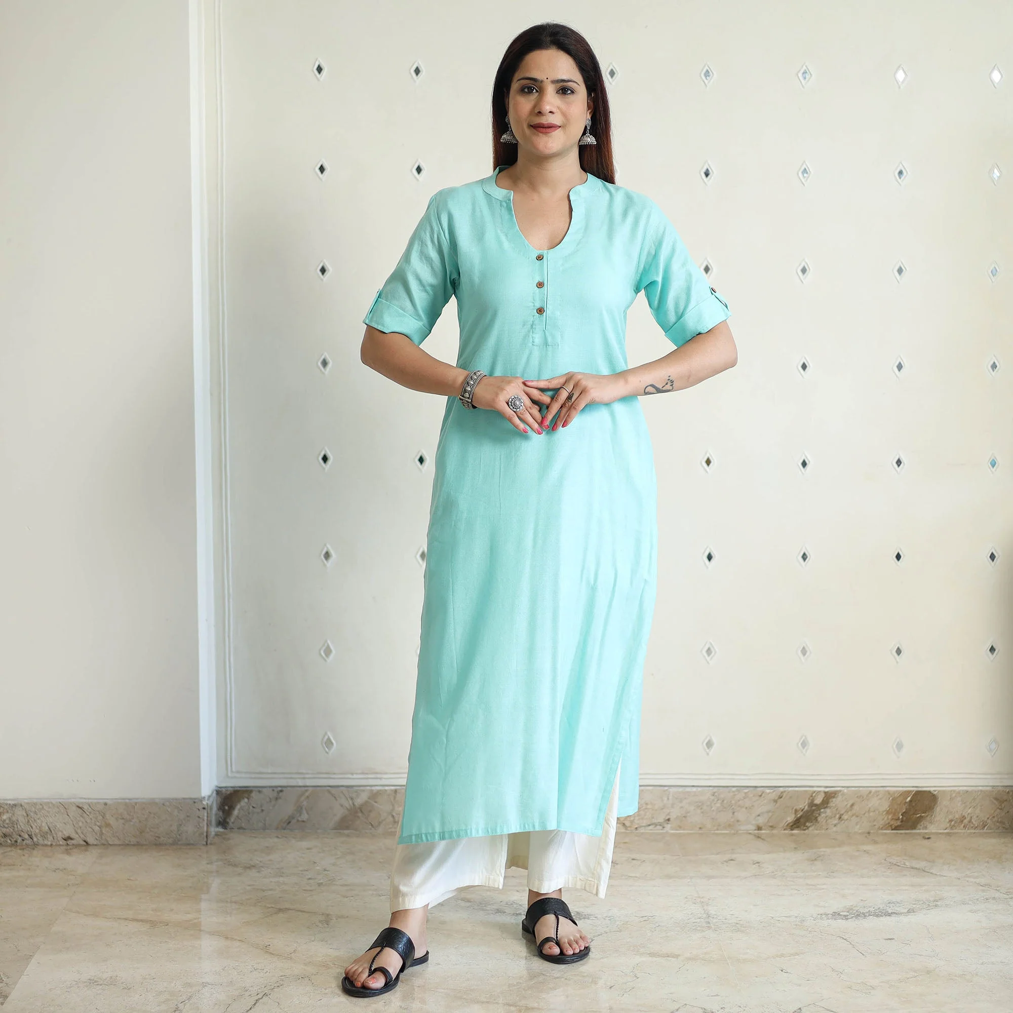 Green - Linen Viscose Plain Long Straight Kurta 47 - Image 5