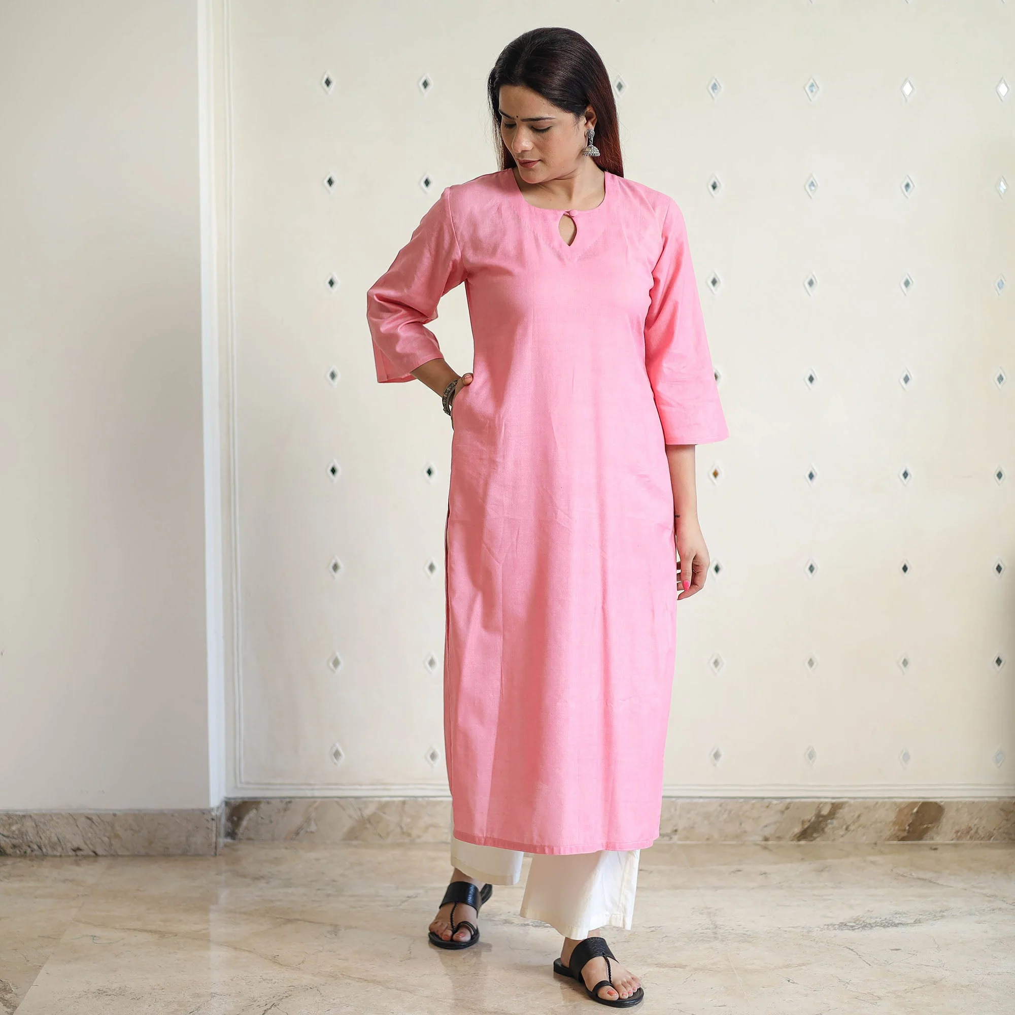 Light Pink - Linen Viscose Plain Long Straight Kurta 42 - Image 2