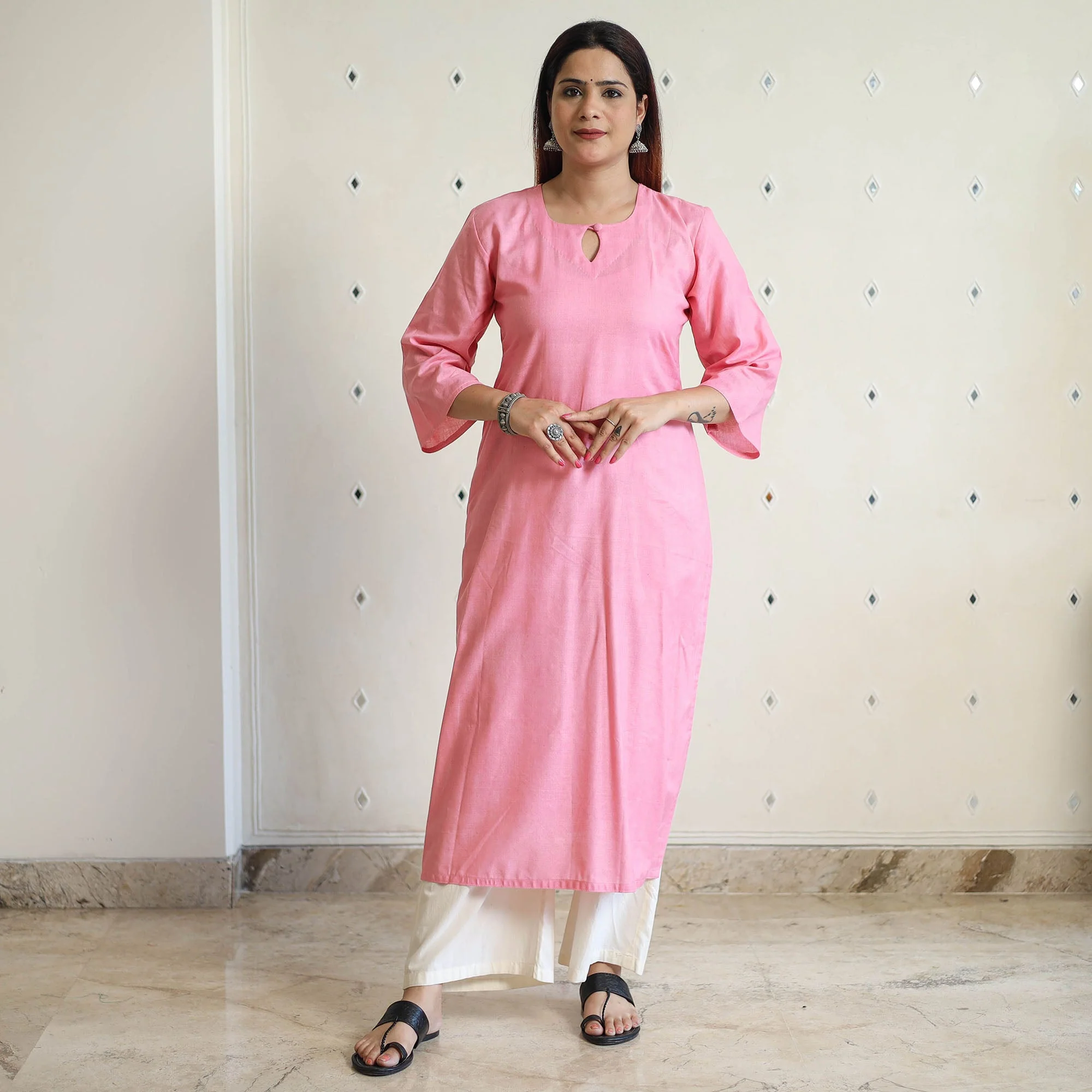 Light Pink - Linen Viscose Plain Long Straight Kurta 42 - Image 3