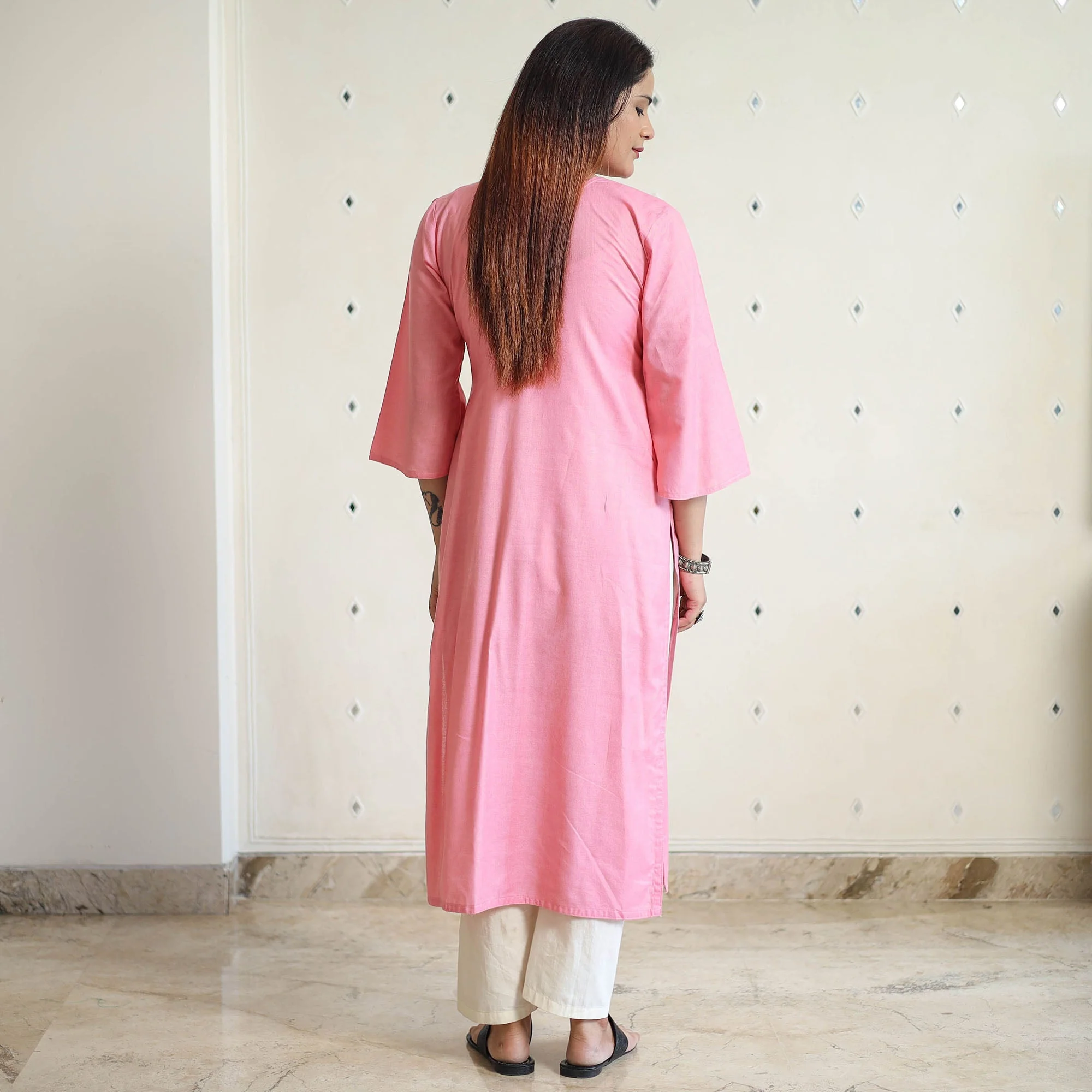 Light Pink - Linen Viscose Plain Long Straight Kurta 42 - Image 4