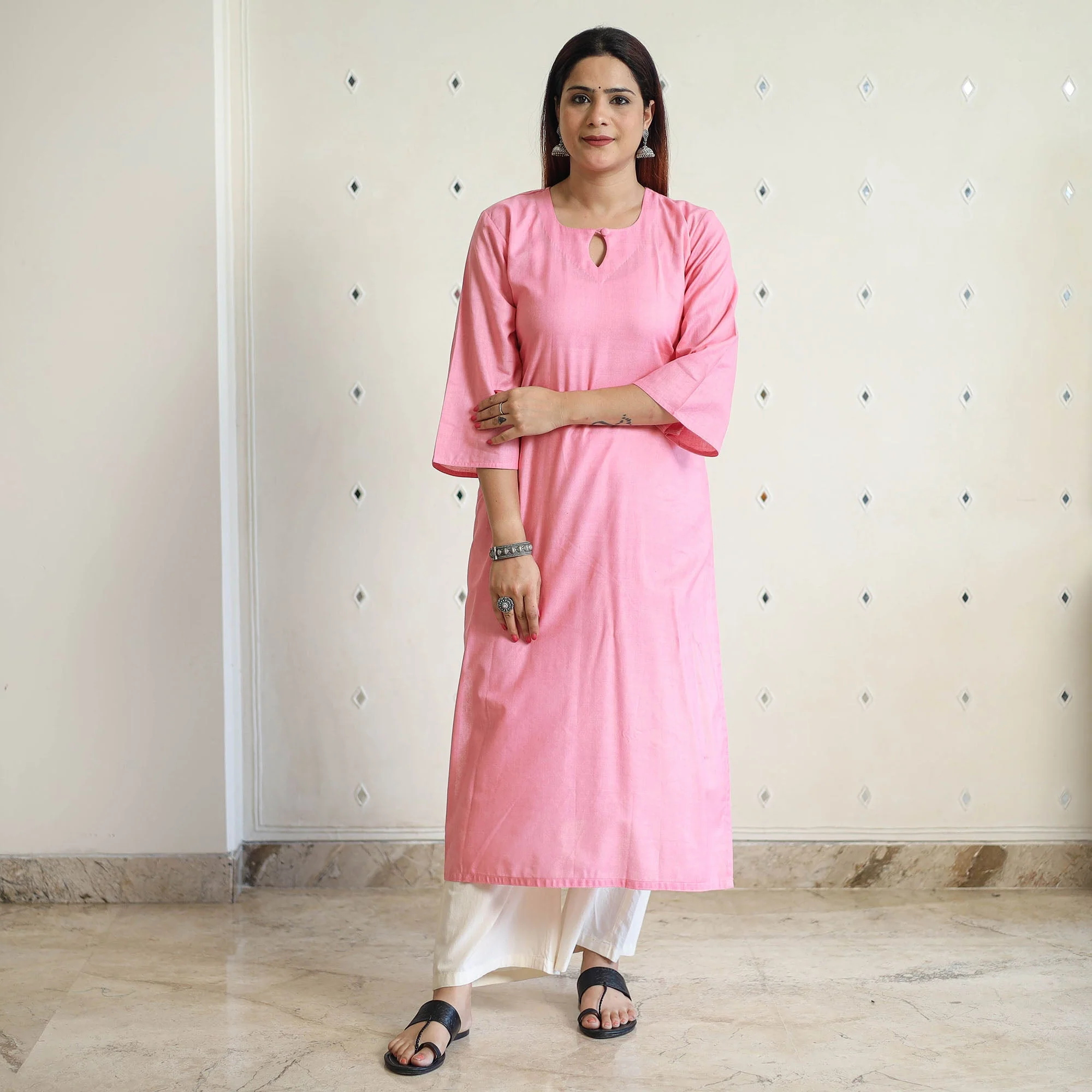 Light Pink - Linen Viscose Plain Long Straight Kurta 42 - Image 5