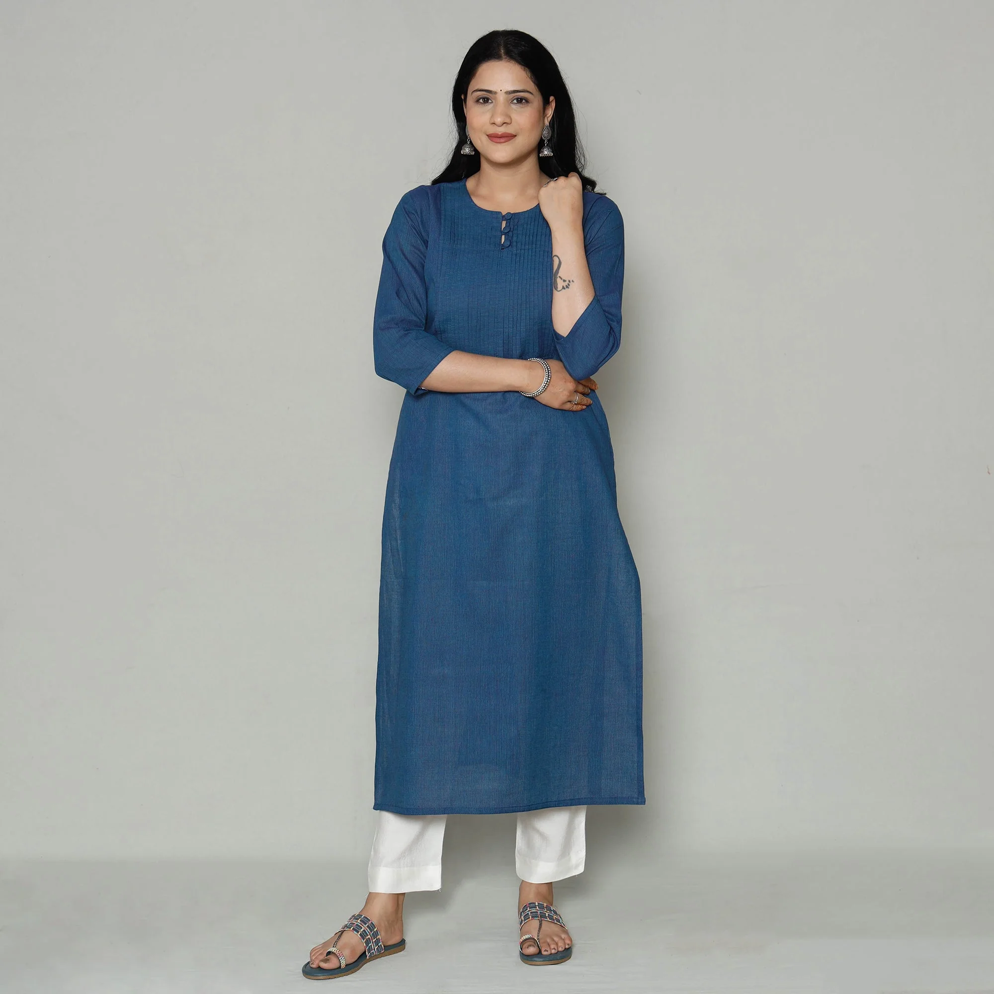 Blue Plain Cotton Pintuck Long Kurta