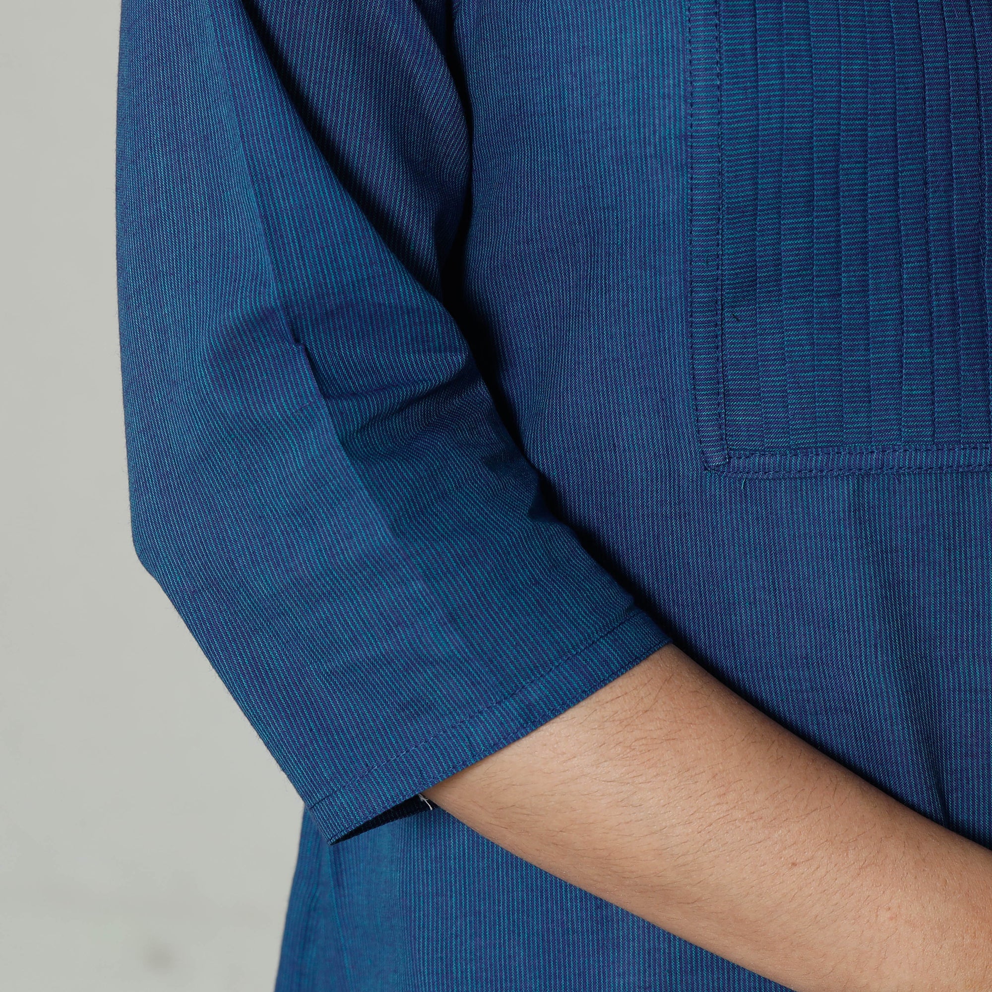 Blue Plain Cotton Pintuck Long Kurta - Image 5