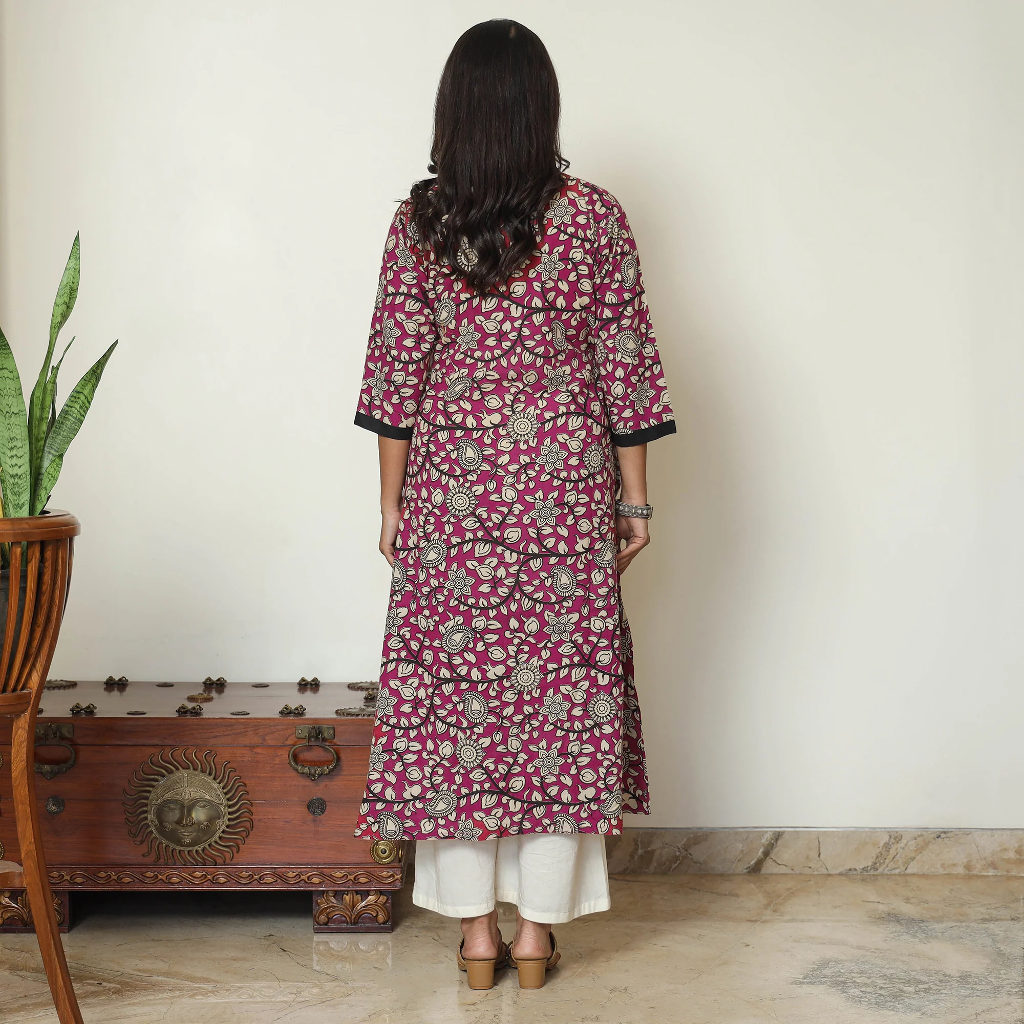 Pink - Kalamkari Printed Cotton A-Line Kurta 63 - Image 4