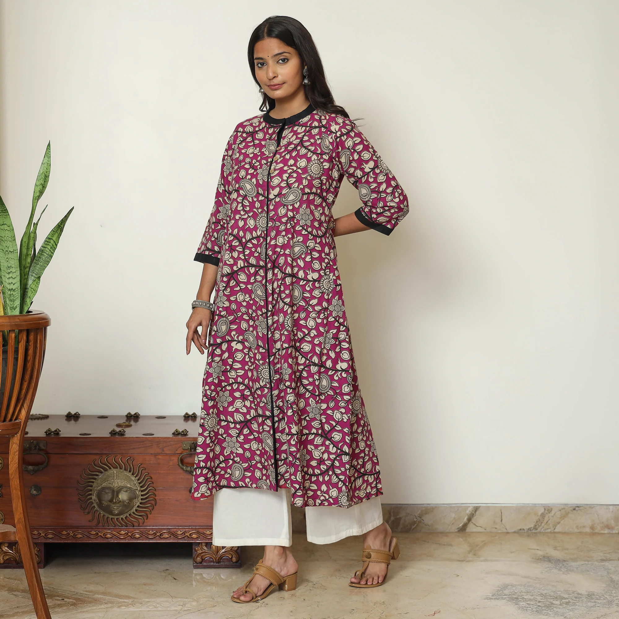 Pink - Kalamkari Printed Cotton A-Line Kurta 63 - Image 5