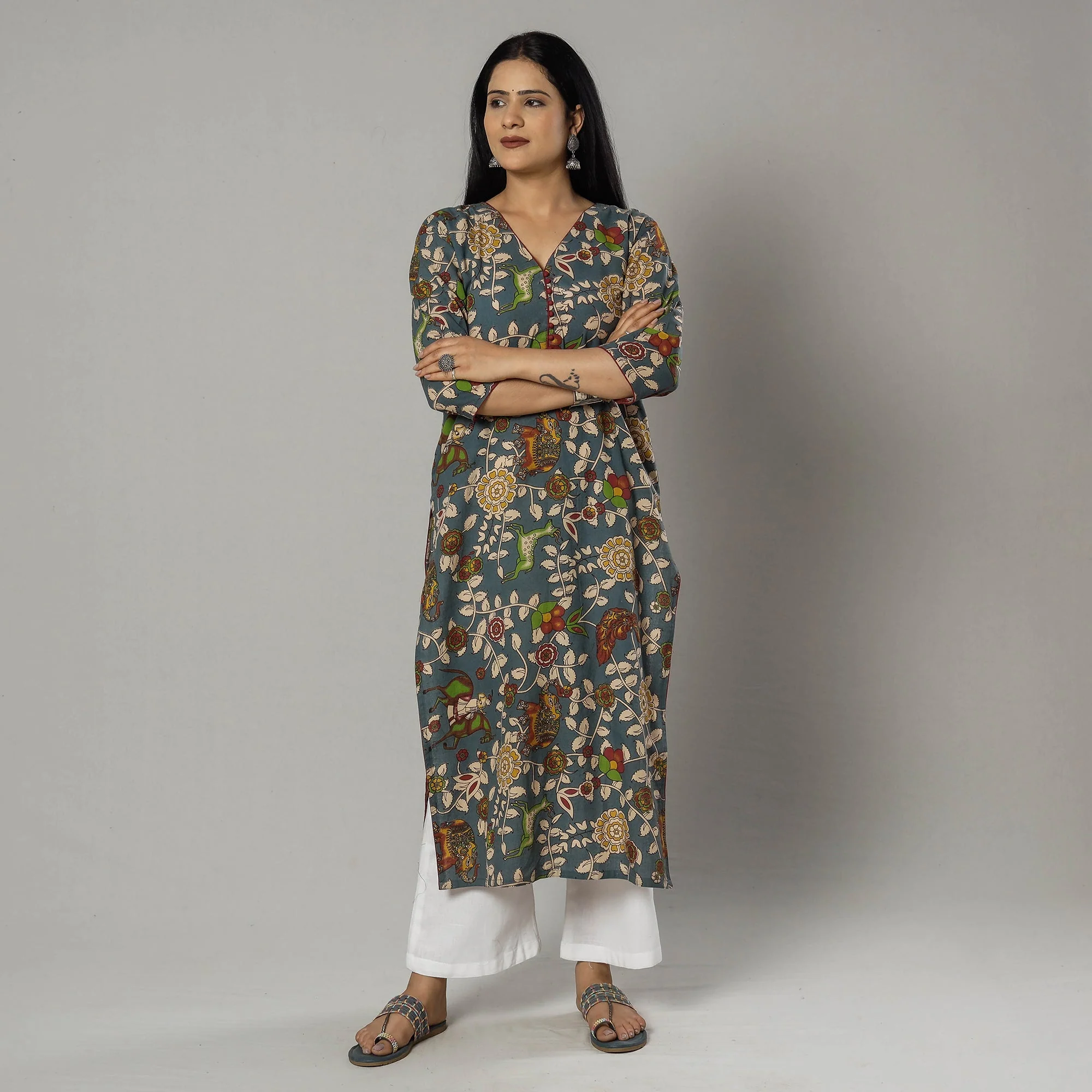 Blue - Kalamkari Printed Cotton Kurta - Image 3
