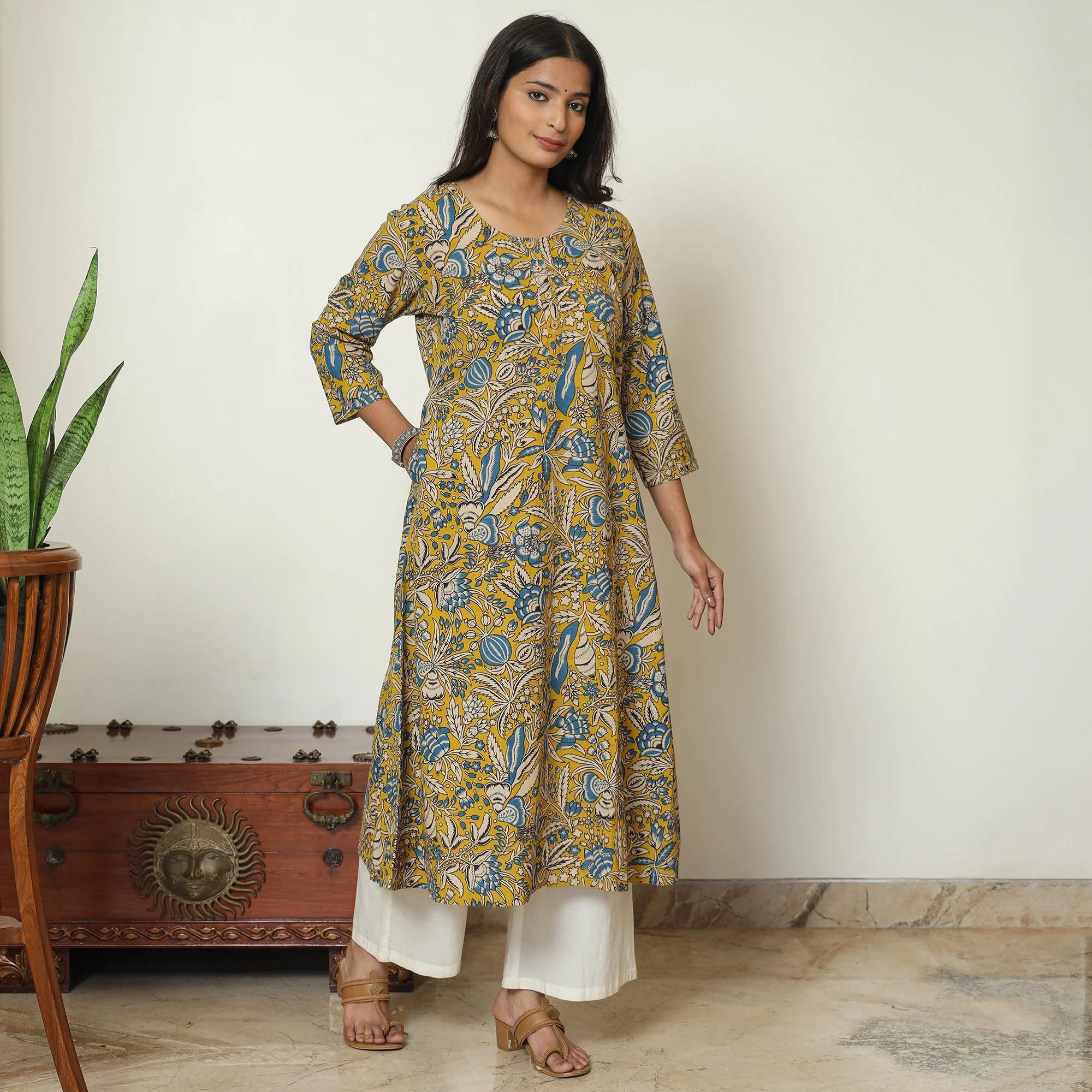 Yellow - Kalamkari Printed Cotton A-Line Kurta 17 - Image 2