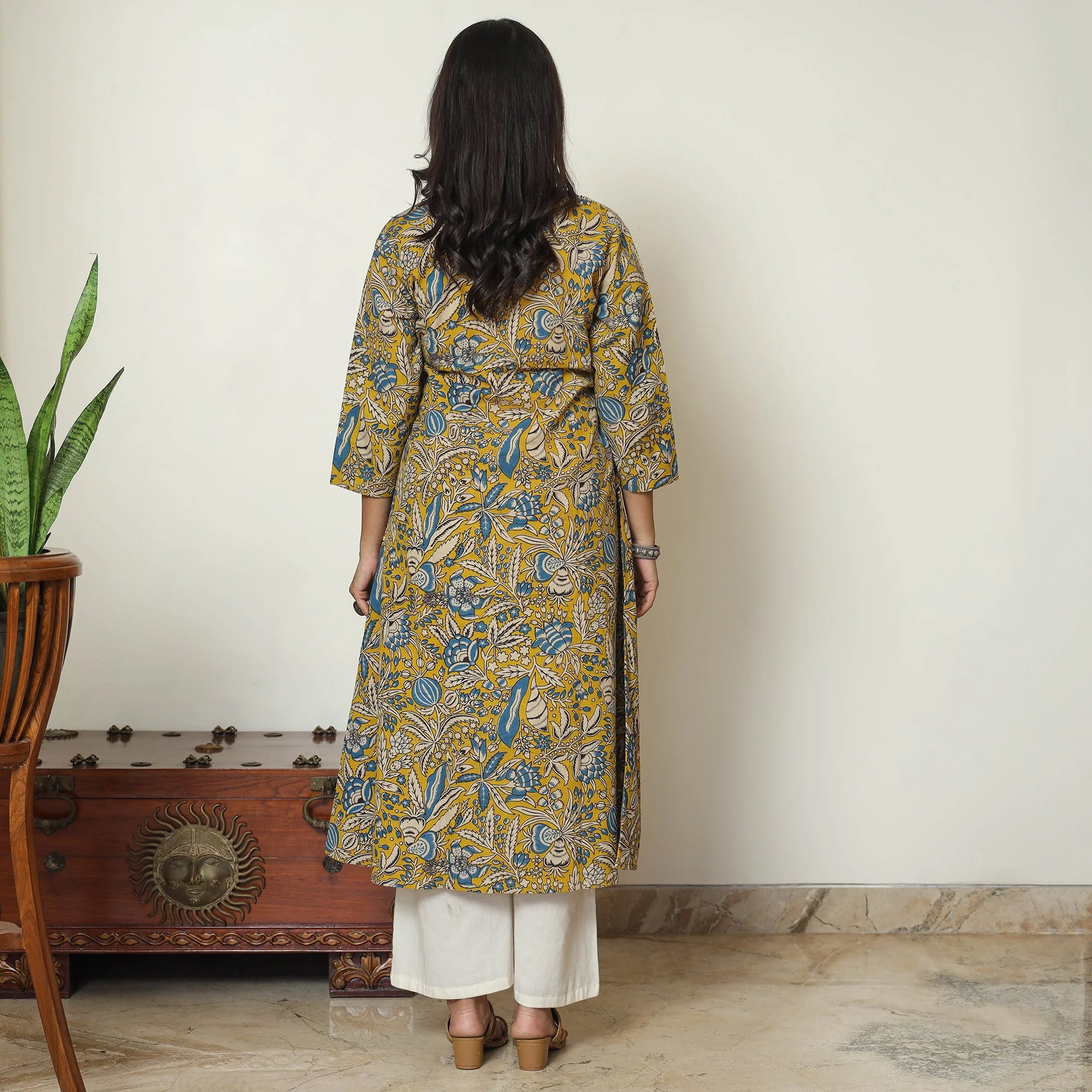 Yellow - Kalamkari Printed Cotton A-Line Kurta 17 - Image 4