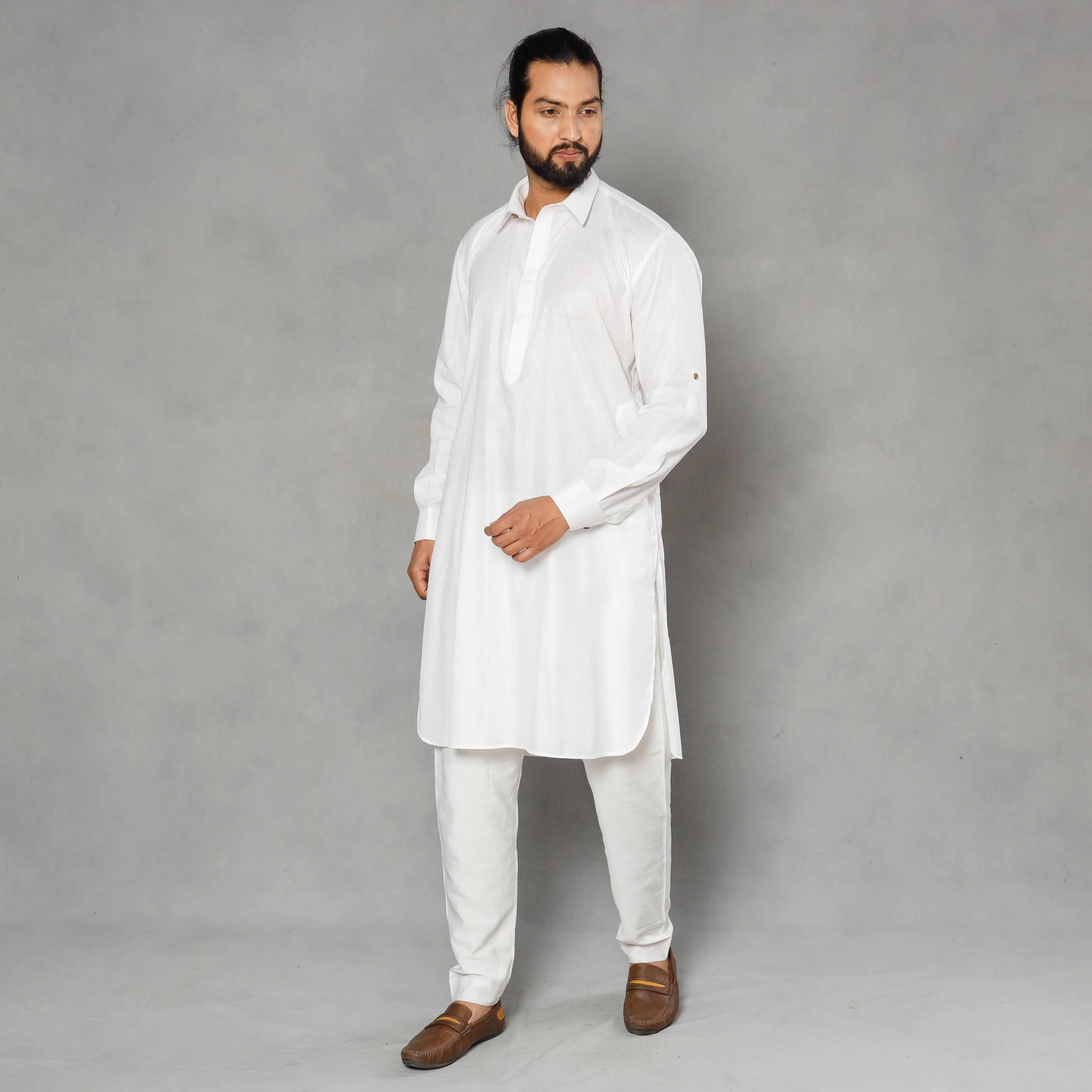 White - Linen Viscose Plain Men Long Pathani Kurta