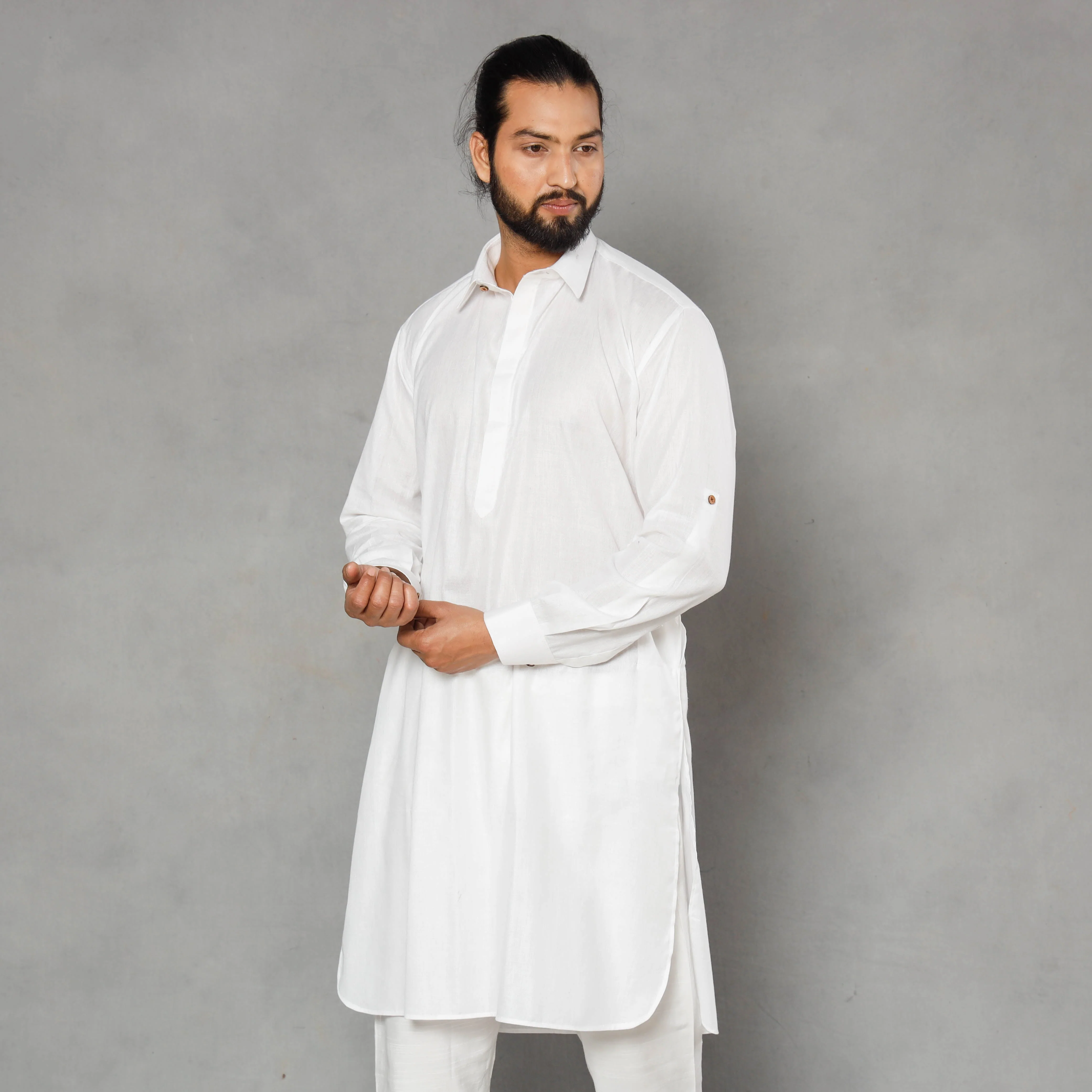 White - Linen Viscose Plain Men Long Pathani Kurta - Image 2