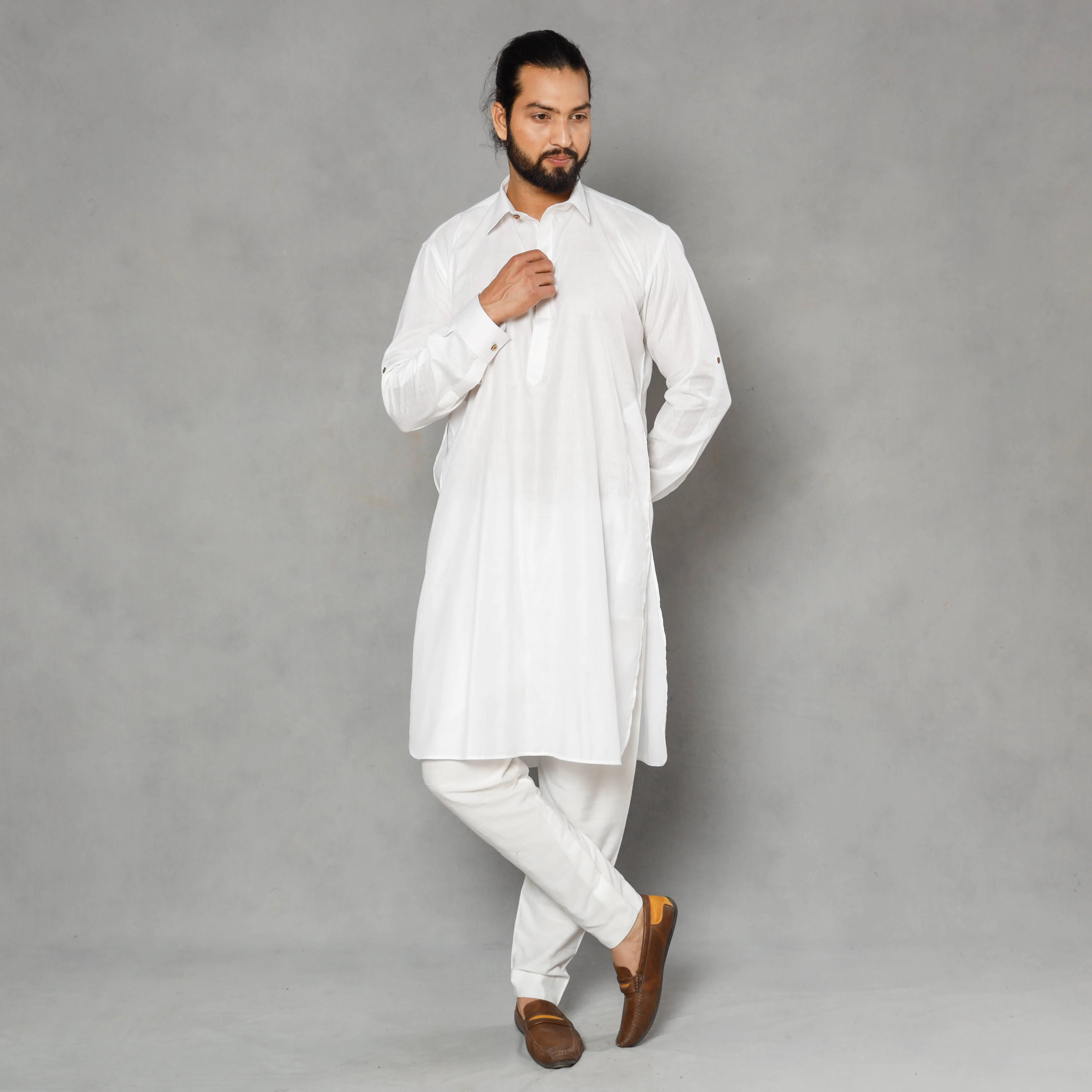 White - Linen Viscose Plain Men Long Pathani Kurta - Image 3