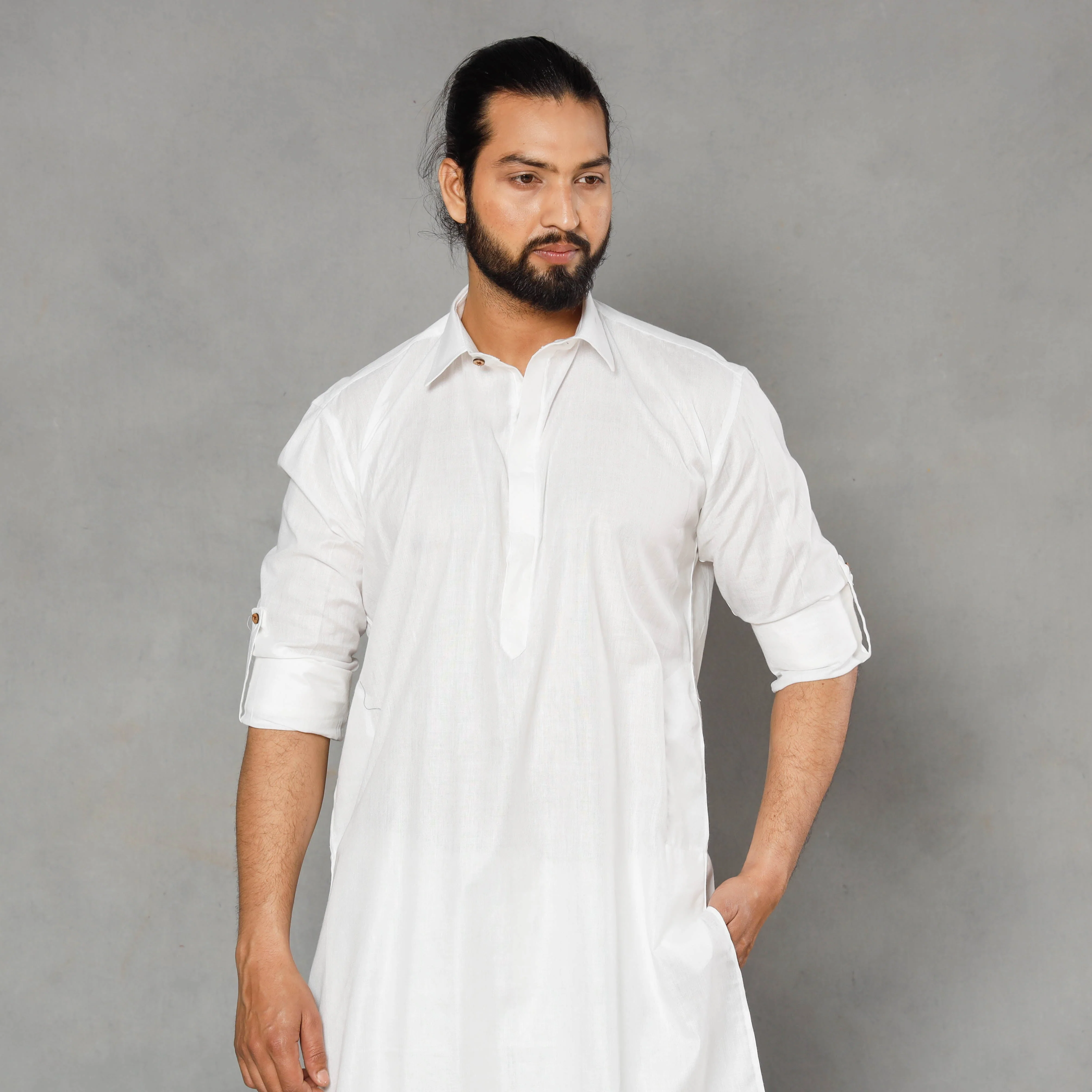 White - Linen Viscose Plain Men Long Pathani Kurta - Image 4