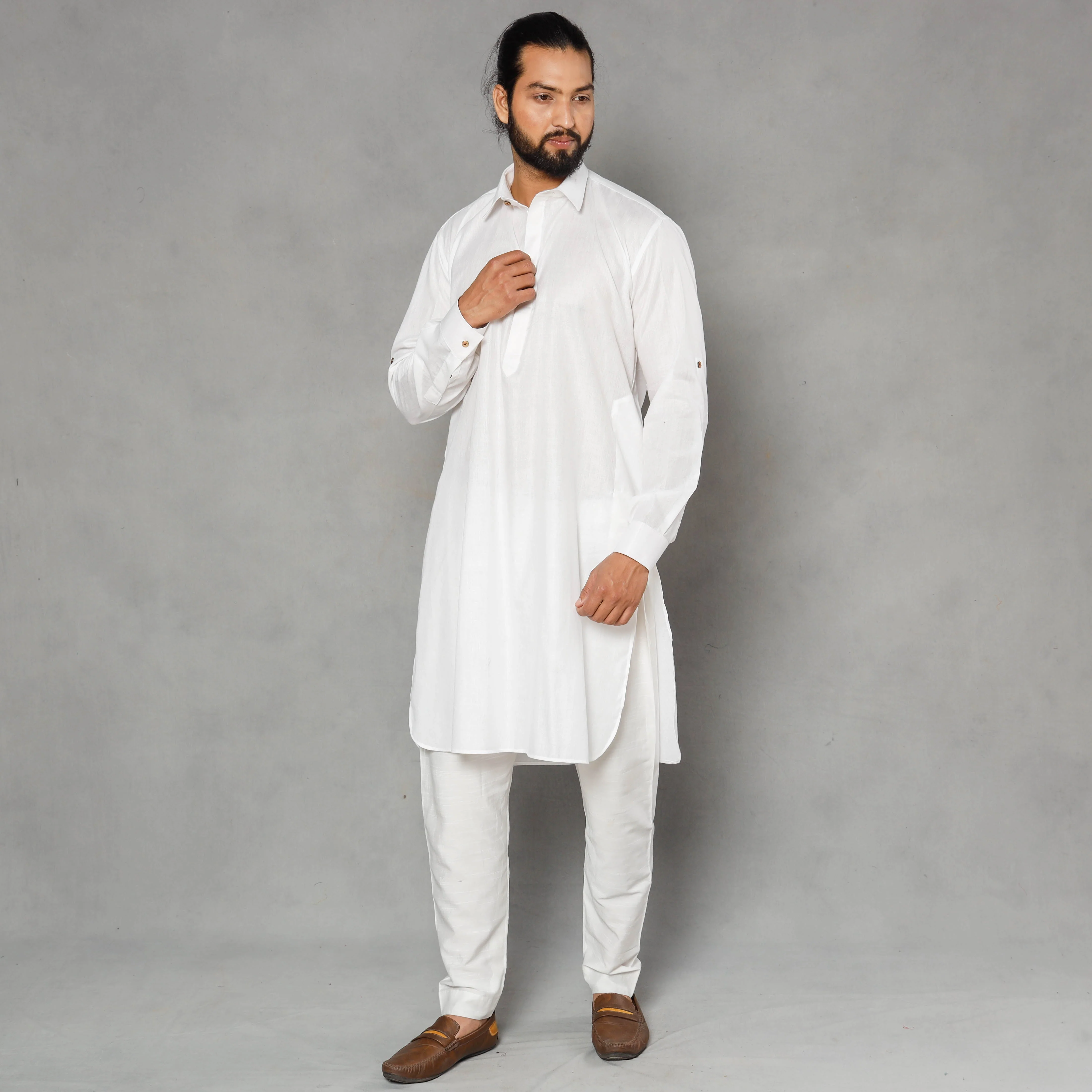 White - Linen Viscose Plain Men Long Pathani Kurta - Image 6