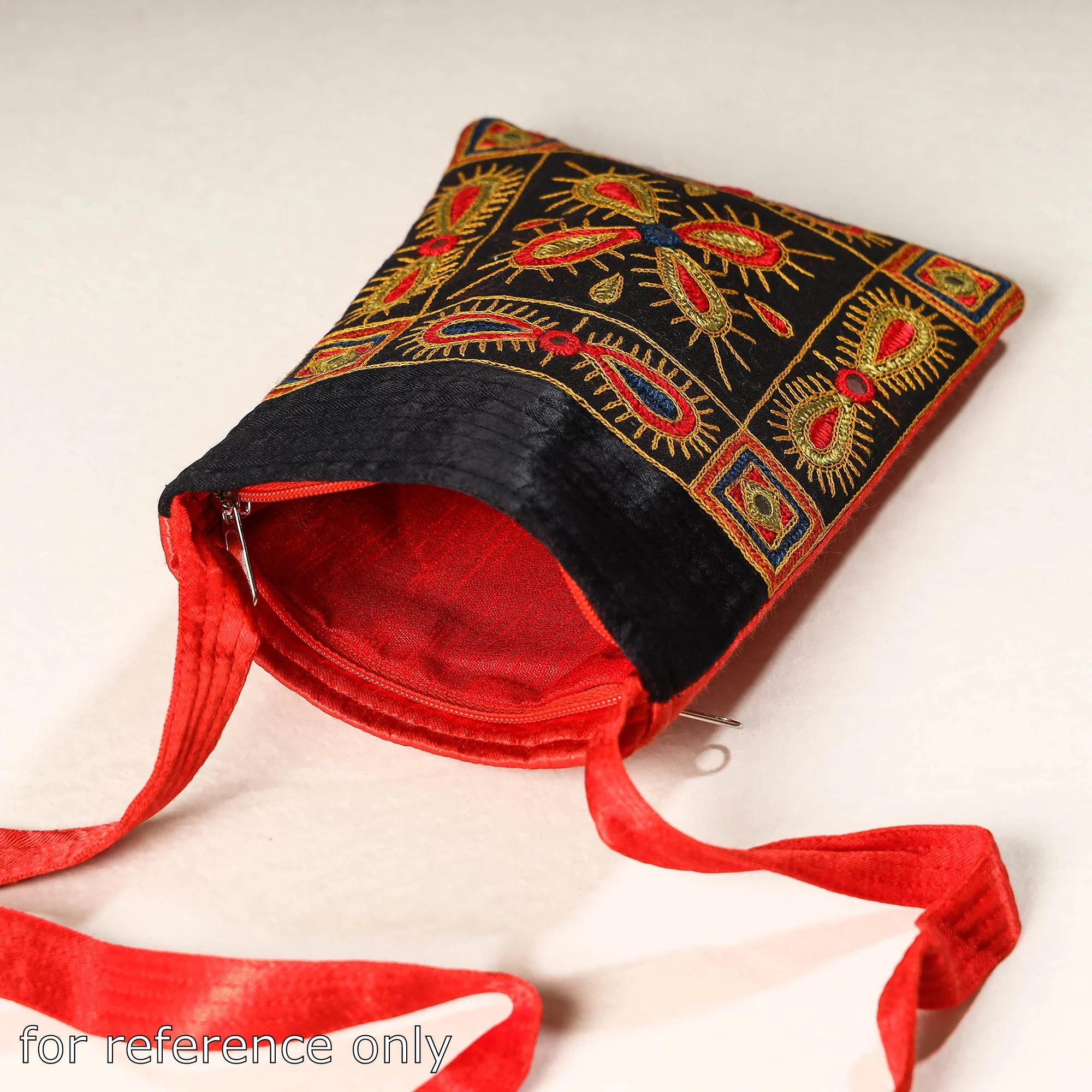 Green - Kutch Ahir Embroidery Mashru Silk Sling Bag - Image 4