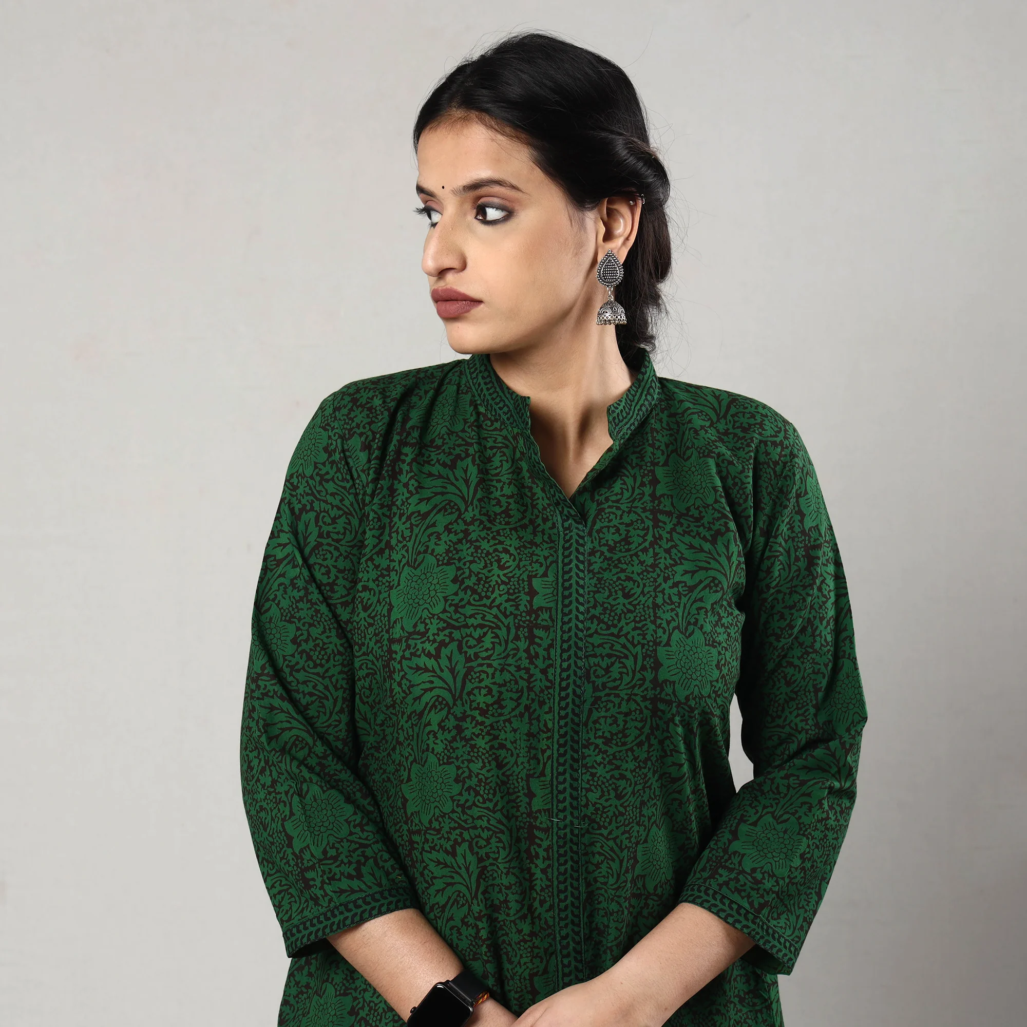 Green & Black Bagh Block Printed Cotton A-Line Long Kurta