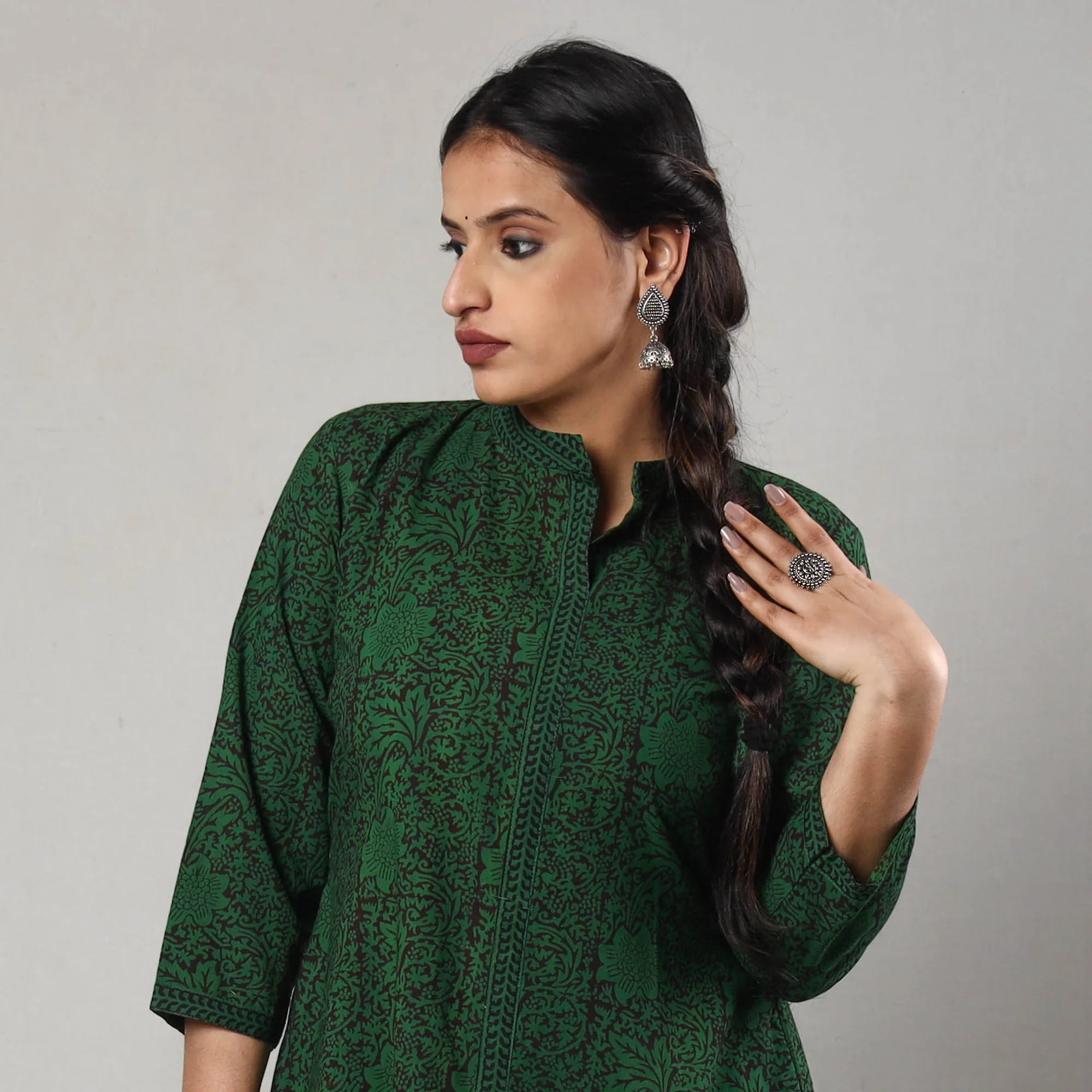 Green & Black Bagh Block Printed Cotton A-Line Long Kurta - Image 3