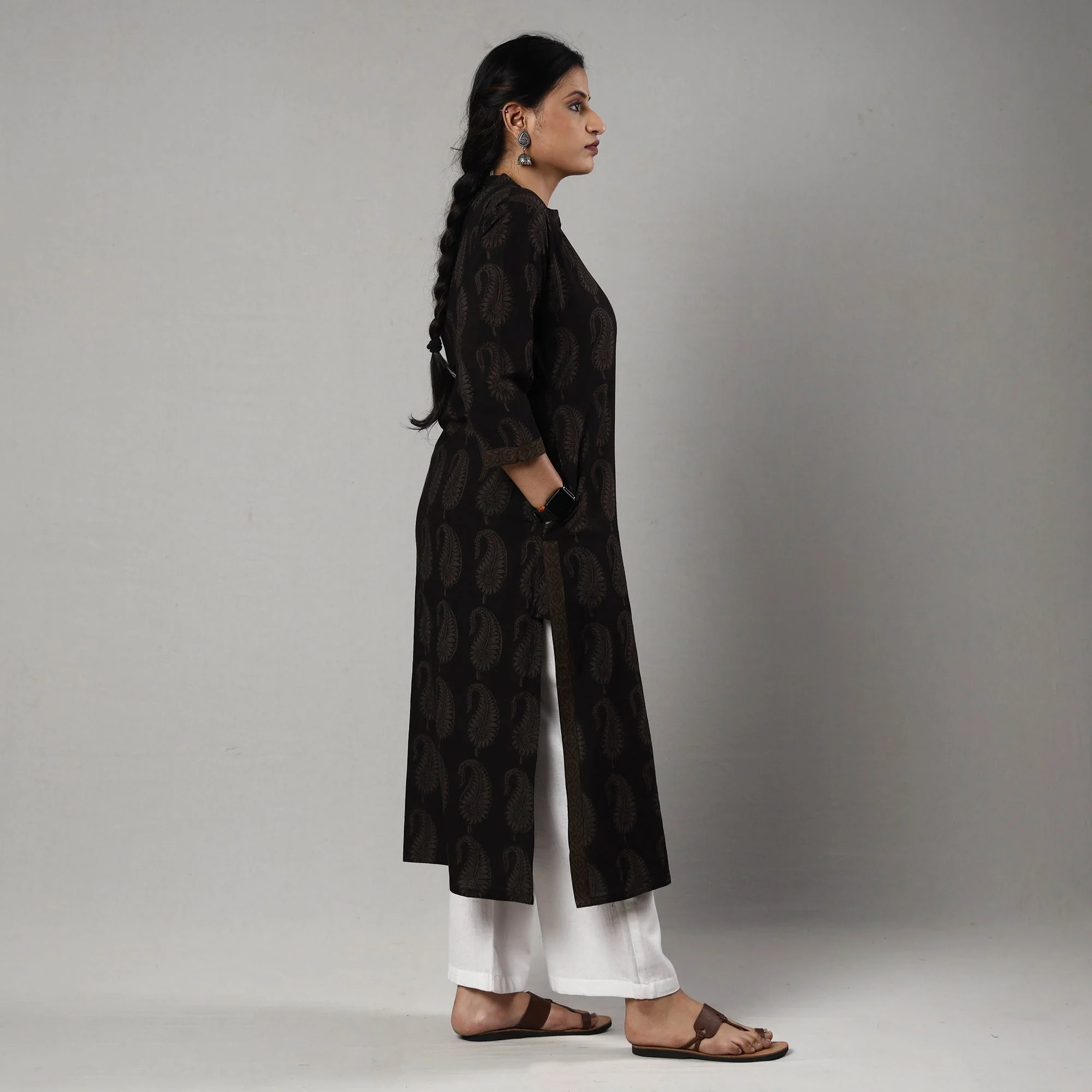 Black - Block Print Cotton Straight Bagh Kurta - Image 5