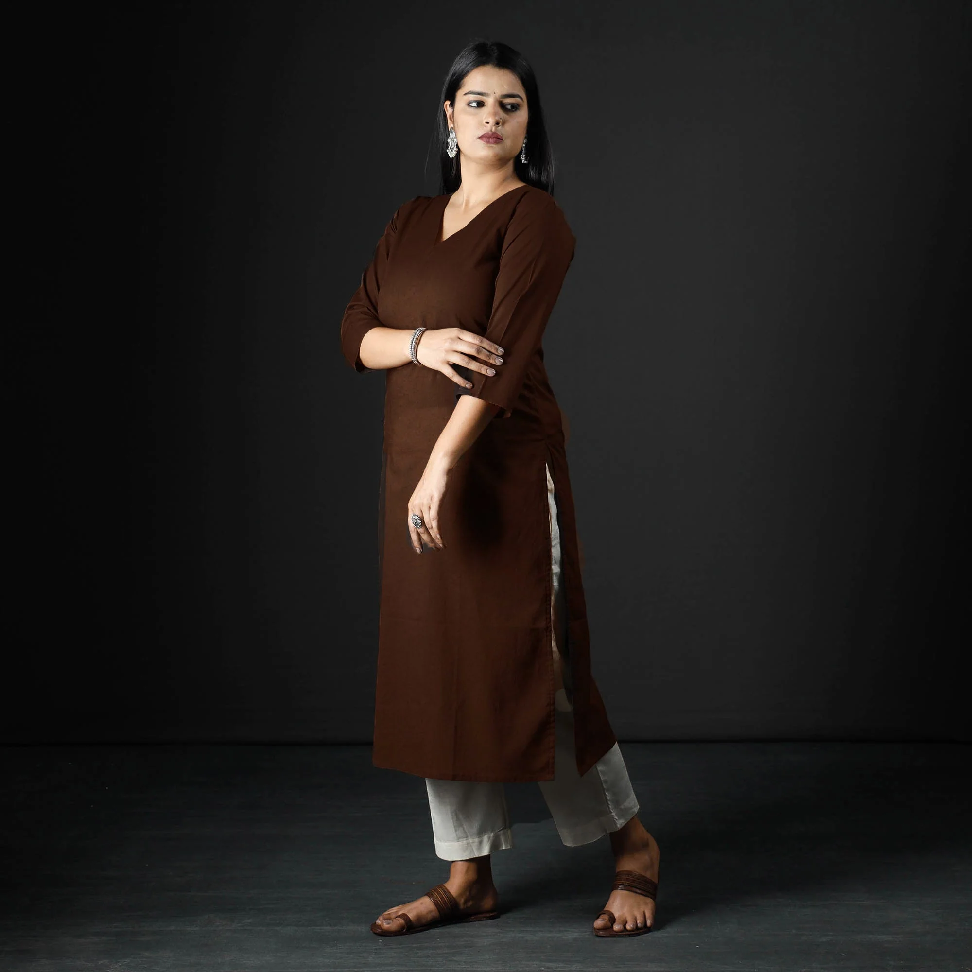 Dark Brown Plain Cotton Long Kurta - Image 2