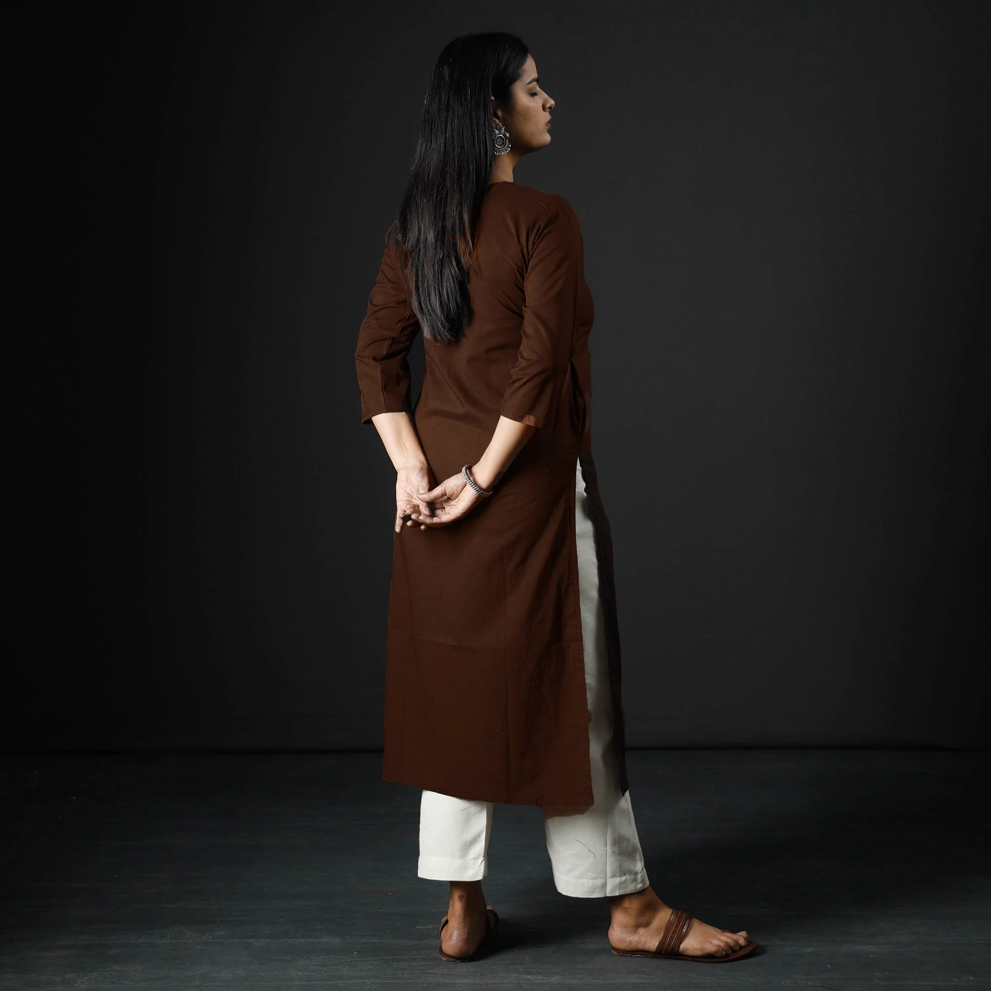 Dark Brown Plain Cotton Long Kurta - Image 3