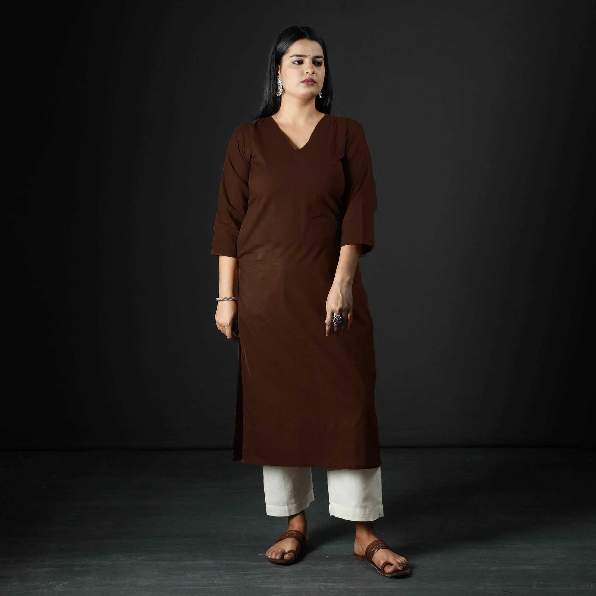 Dark Brown Plain Cotton Long Kurta - Image 4