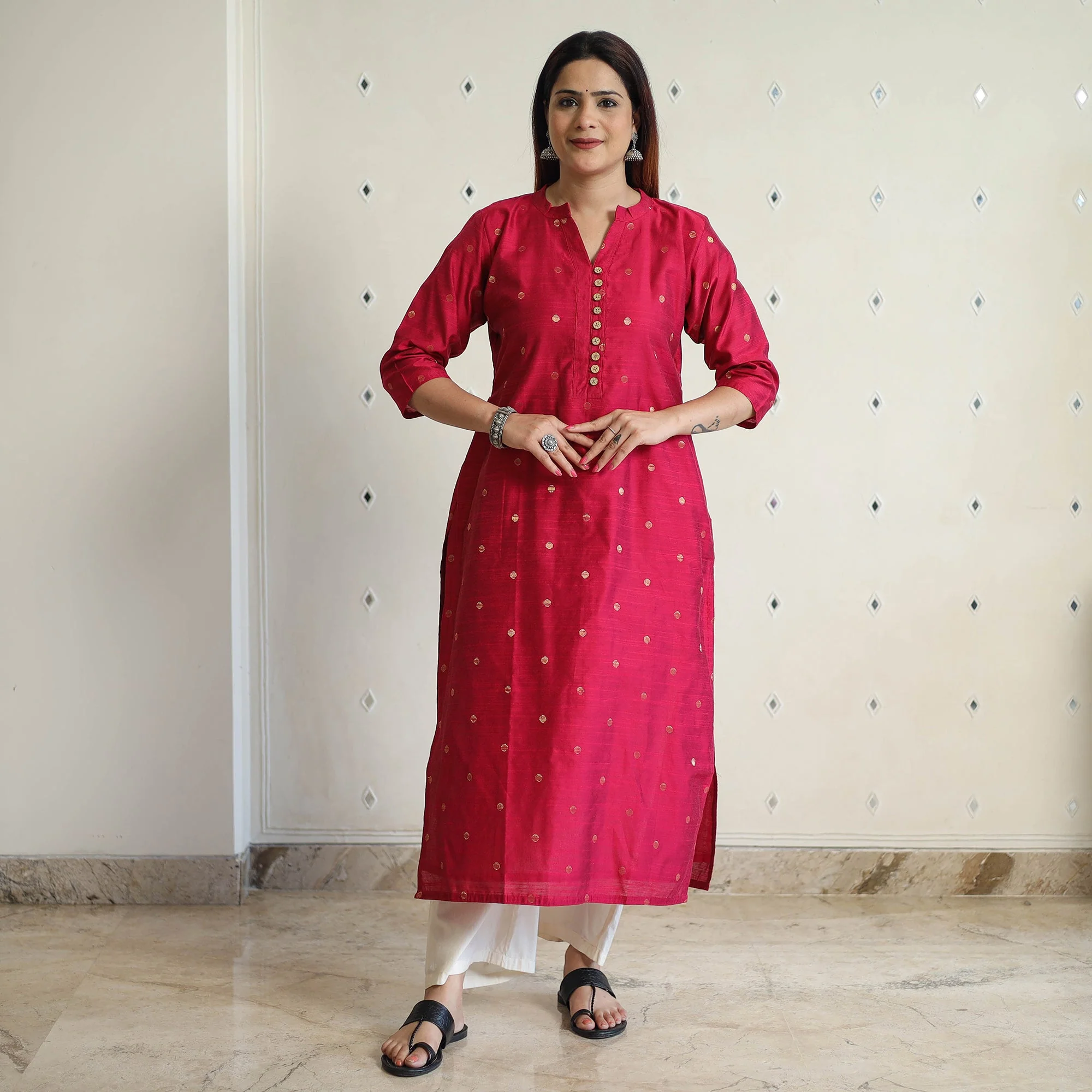 Dark Pink - Polka Zari Butta Spun Dupion Silk Long Straight Kurta 17 - Image 3