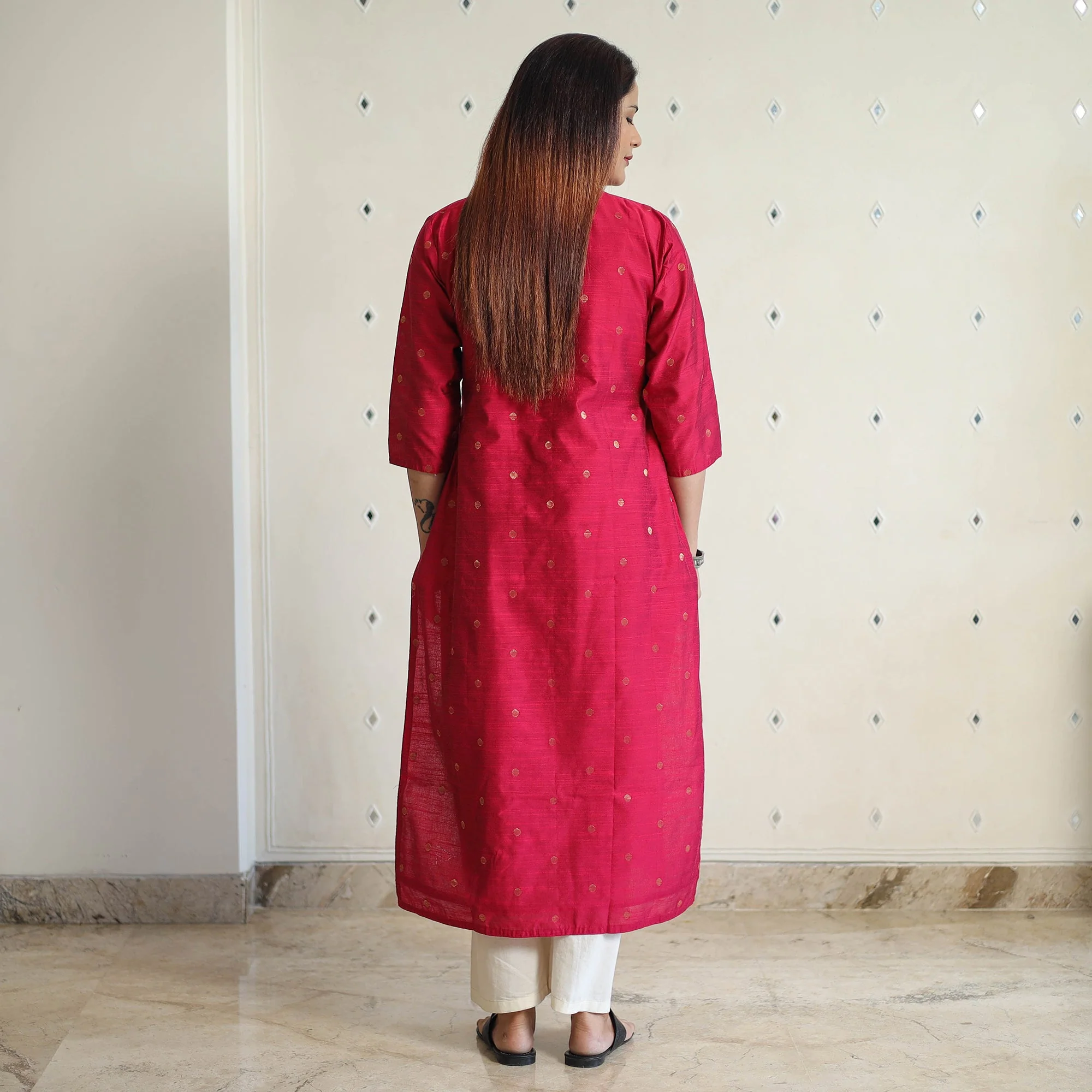 Dark Pink - Polka Zari Butta Spun Dupion Silk Long Straight Kurta 17 - Image 4