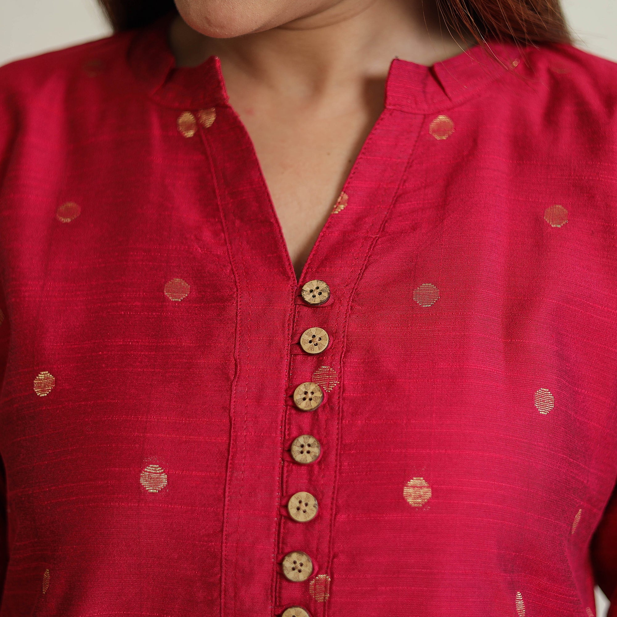 Dark Pink - Polka Zari Butta Spun Dupion Silk Long Straight Kurta 17 - Image 6