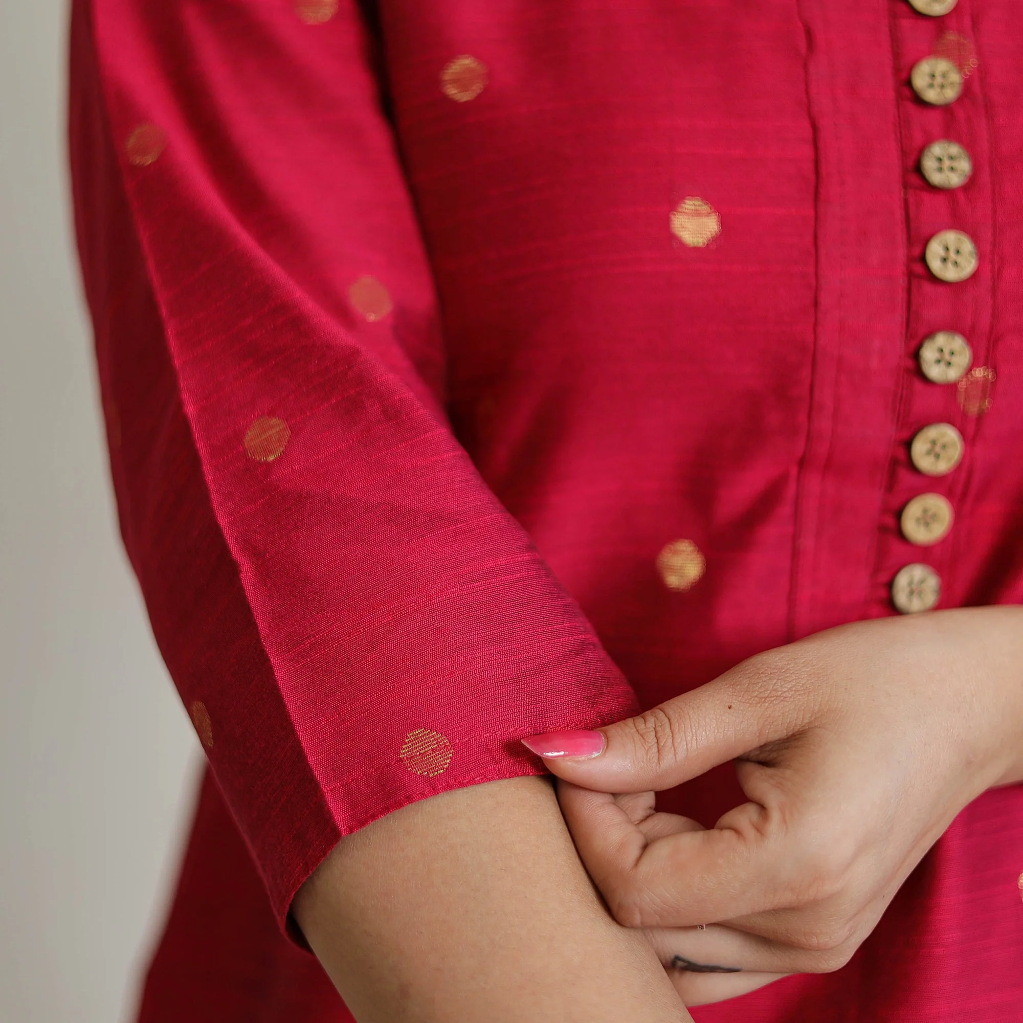 Dark Pink - Polka Zari Butta Spun Dupion Silk Long Straight Kurta 17 - Image 7
