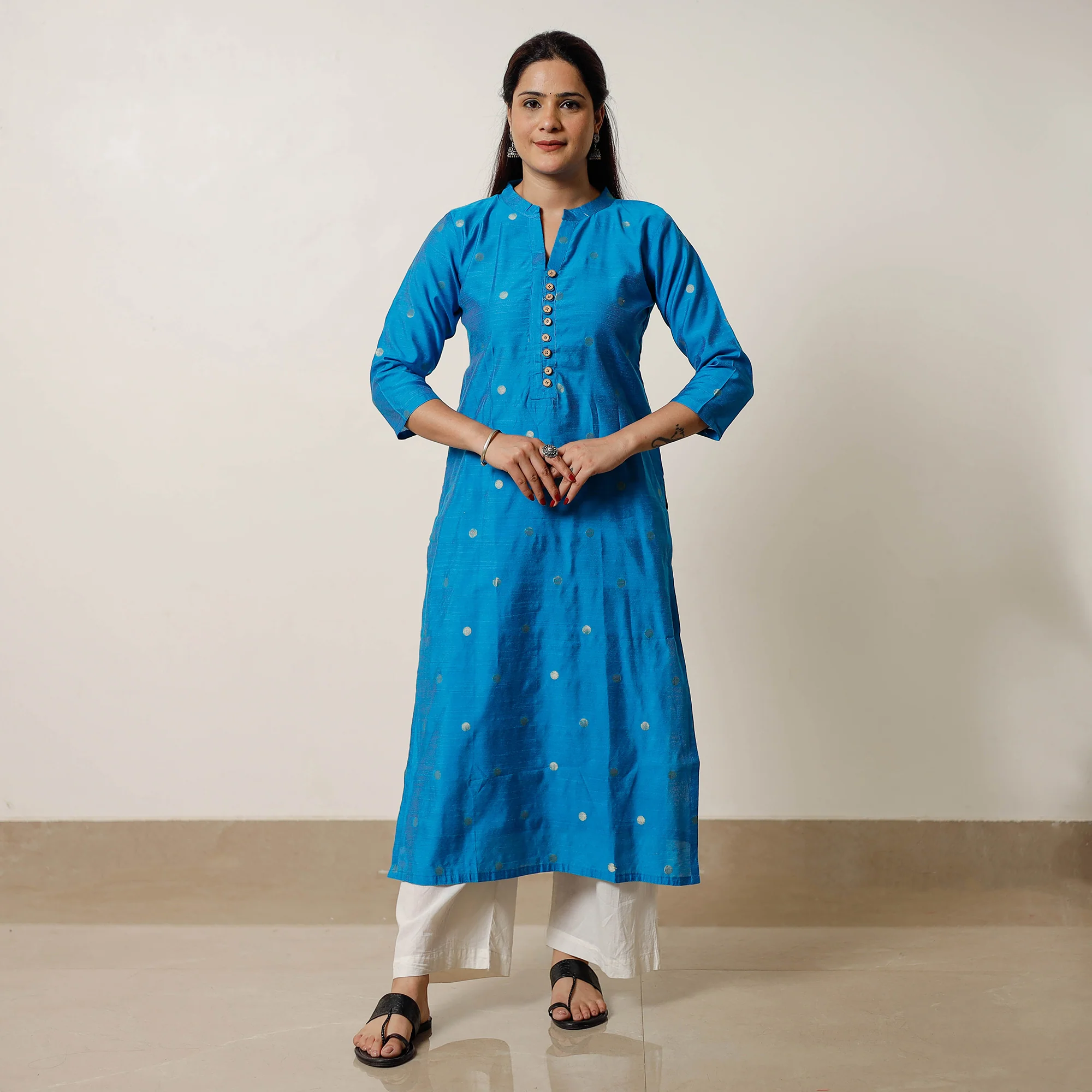 Sky Blue - Polka Zari Butta Spun Dupion Silk Long Straight Kurta - Image 2