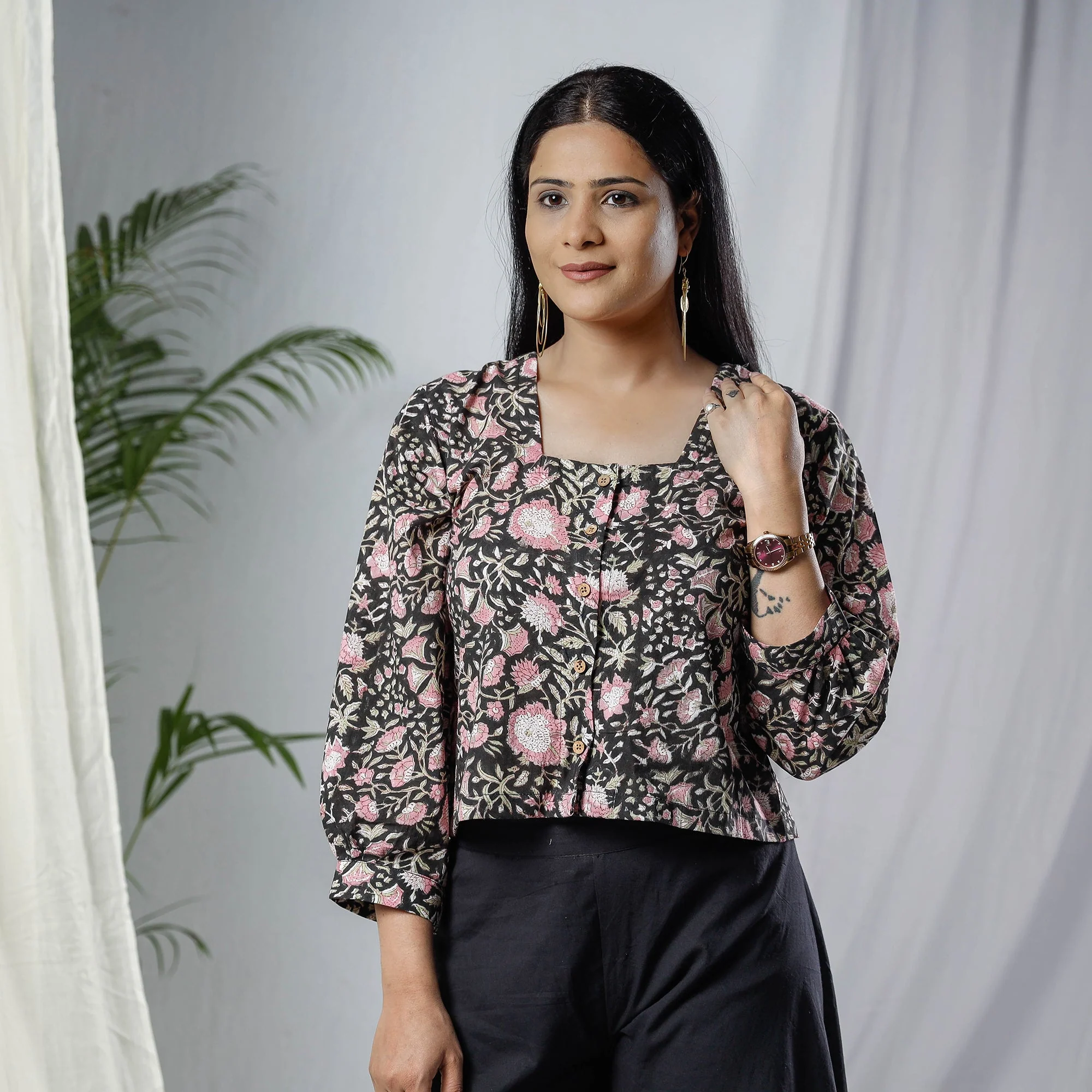 Black - Sanganeri Hand Block Prints Full Sleeve Cotton Crop Top