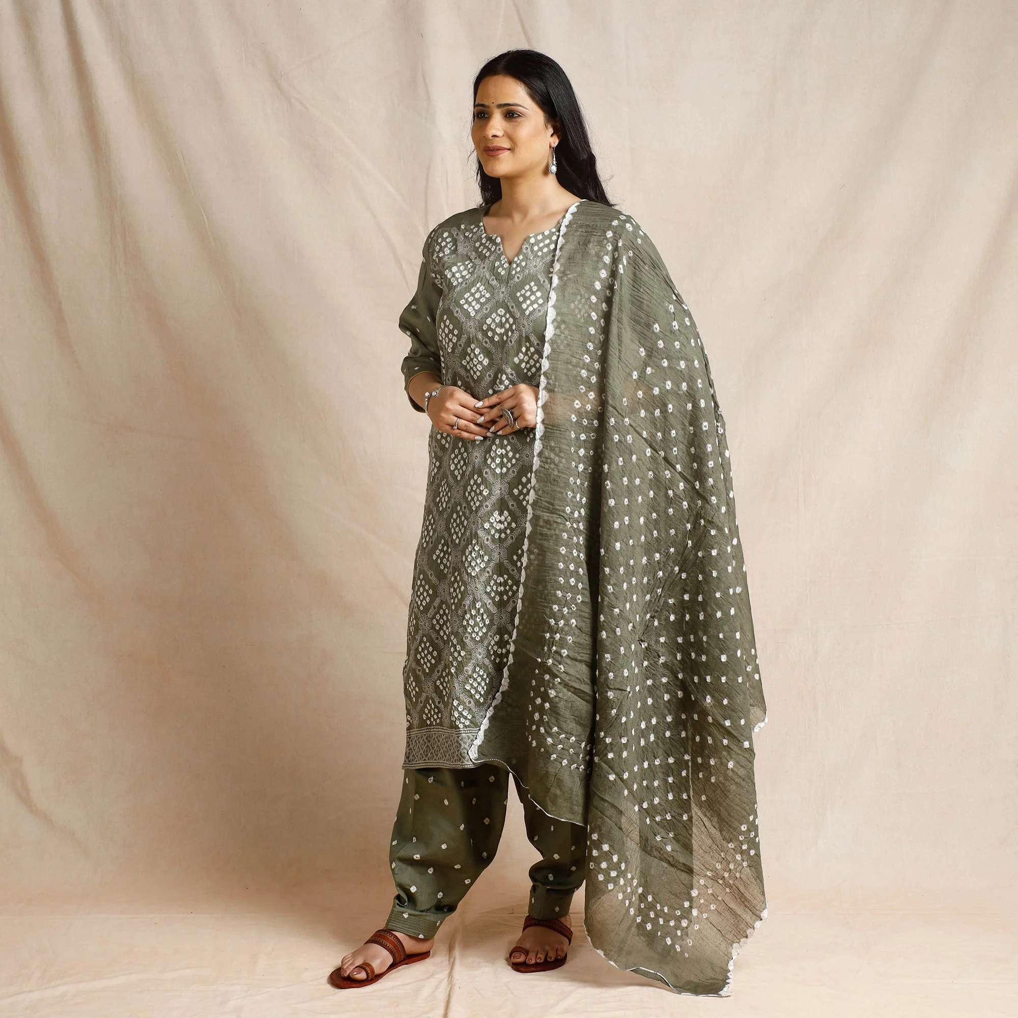 Grey - Bandhani Cotton Kurta with Salwar & Dupatta Set